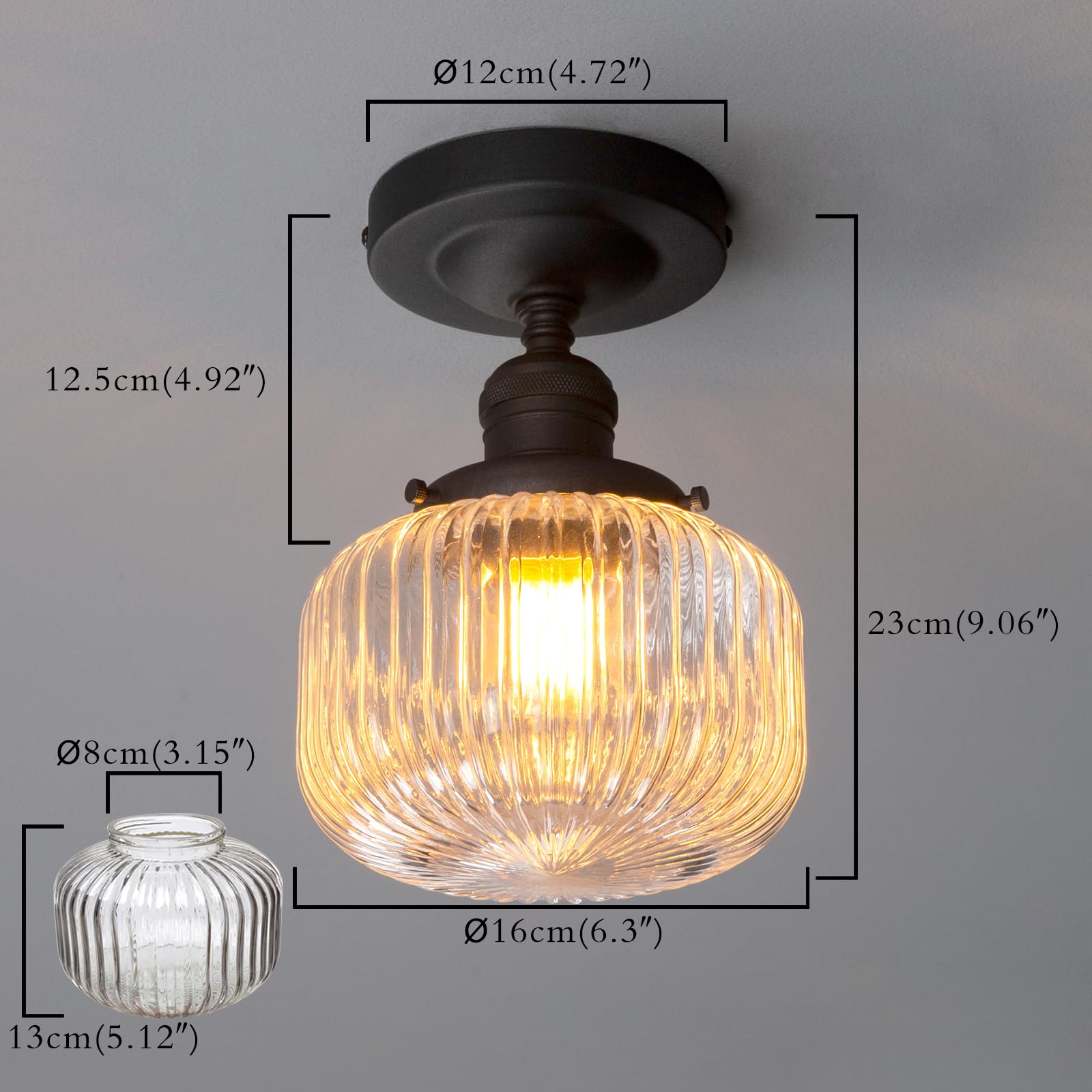 Permo Modern Small Semi Flush Mount Ceiling Light Glass Ceiling Lights Hallway Light Fixtures With Flate Ribbed Glass Lampshade,