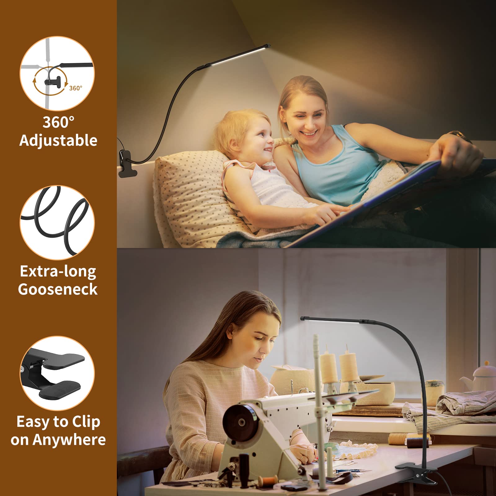 Izell Led Book Light Clip-On – 3 Color Modes, 10 Brightness Levels, Flexible Gooseneck, 15.8 Height, Black, Model Tbl401-Bk