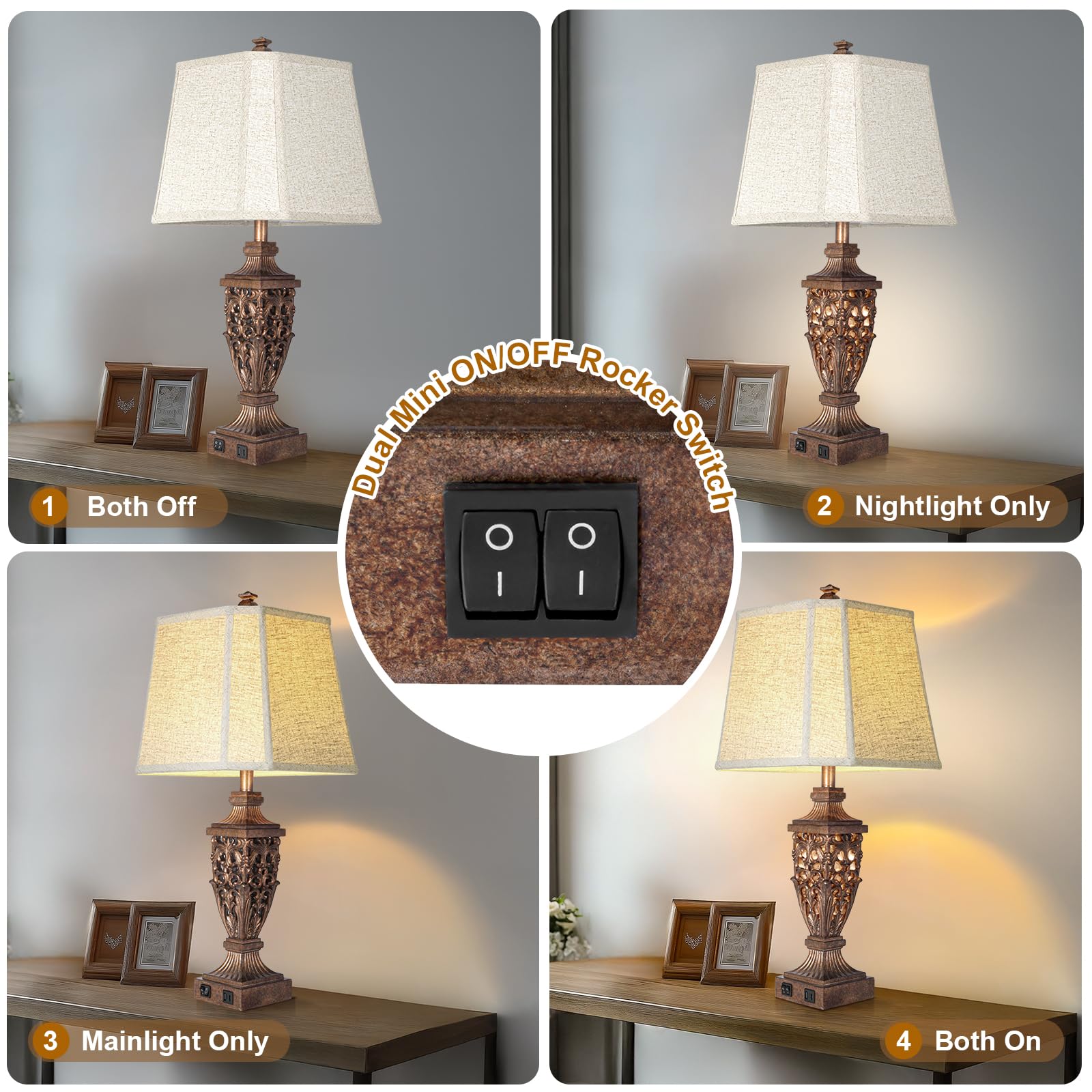 28.5'' Vintage Bronze Table Lamps Set Of 2 With Night Light,Lamps For Nightstand With Beige Linen Cut Corner Shade,Bedside Lamp