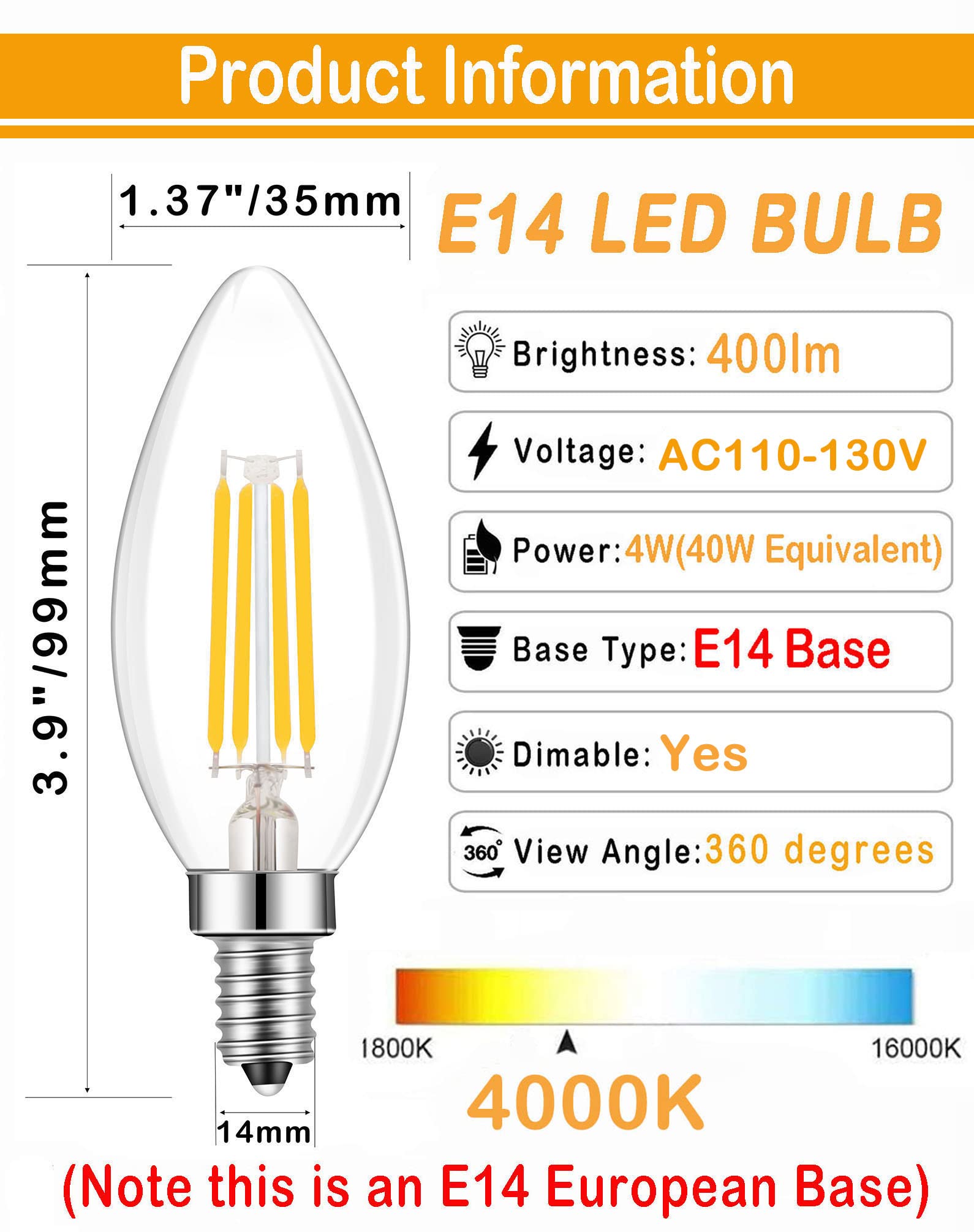 Lamsky E14 LED Dimmable Bulb, 400LM 40W Equivalent, 4000K Neutral White, C35 Clear Vintage, 6-Pack