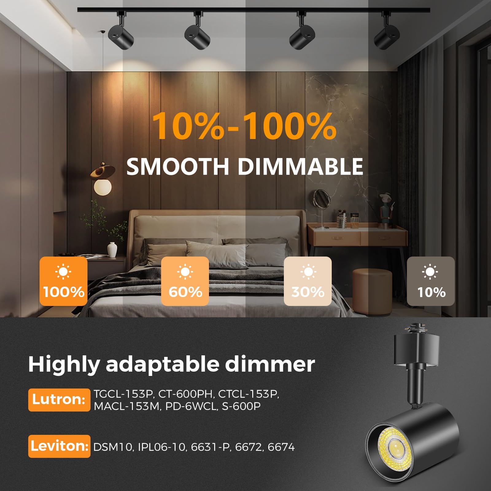 VANoopee LED Track Lighting Kit, 6-Light Dimmable, 6.6FT H Type Rail, Black, Model ITK10W5CCTB6, CRI90