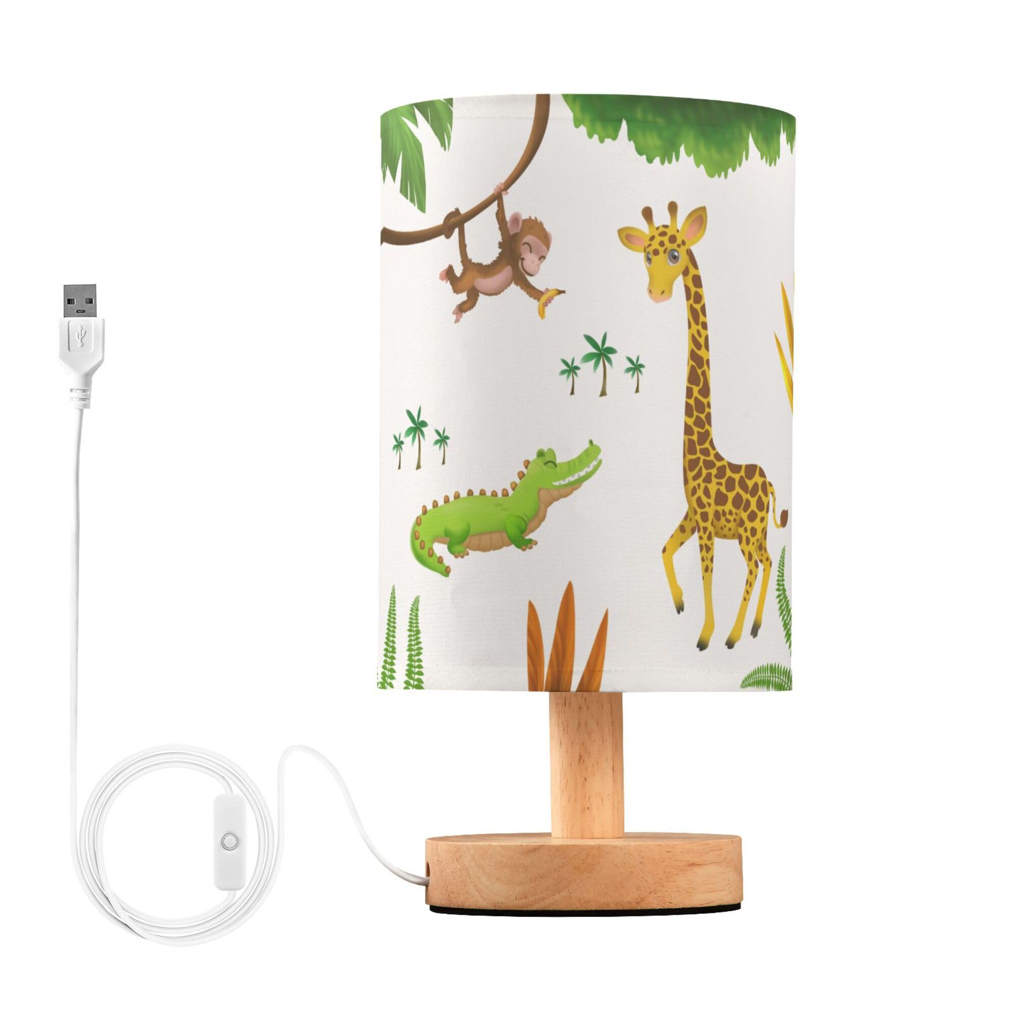 YYZZH Table Lamp African Animal Giraffe Crocodile Monkey Palm Tree Jungle Leaf Nightstand Lamp with Wood Base Fabric Lamp Shade 