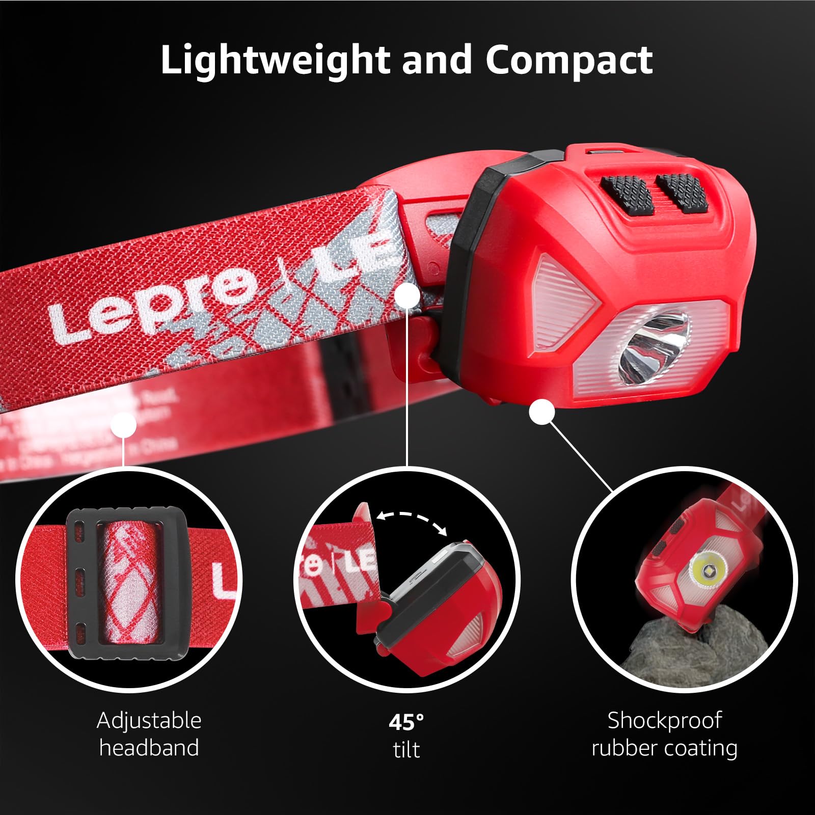Lepro 320015 Battery Powered Headlamp - 1300Lux Super Bright LED Head Lamp with Red Light, IPX4 Waterproof Headlights for Outdoo
