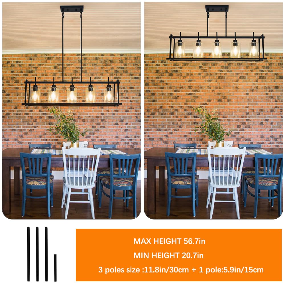 Dsmjfu Black Farmhouse Rectangular Chandelier For Dining Room  5-Light Linear Pendant Lighting  Rectangular Kitchen Island Light Fixture Over Table  Adjustable Height Chandelier Hanging Light