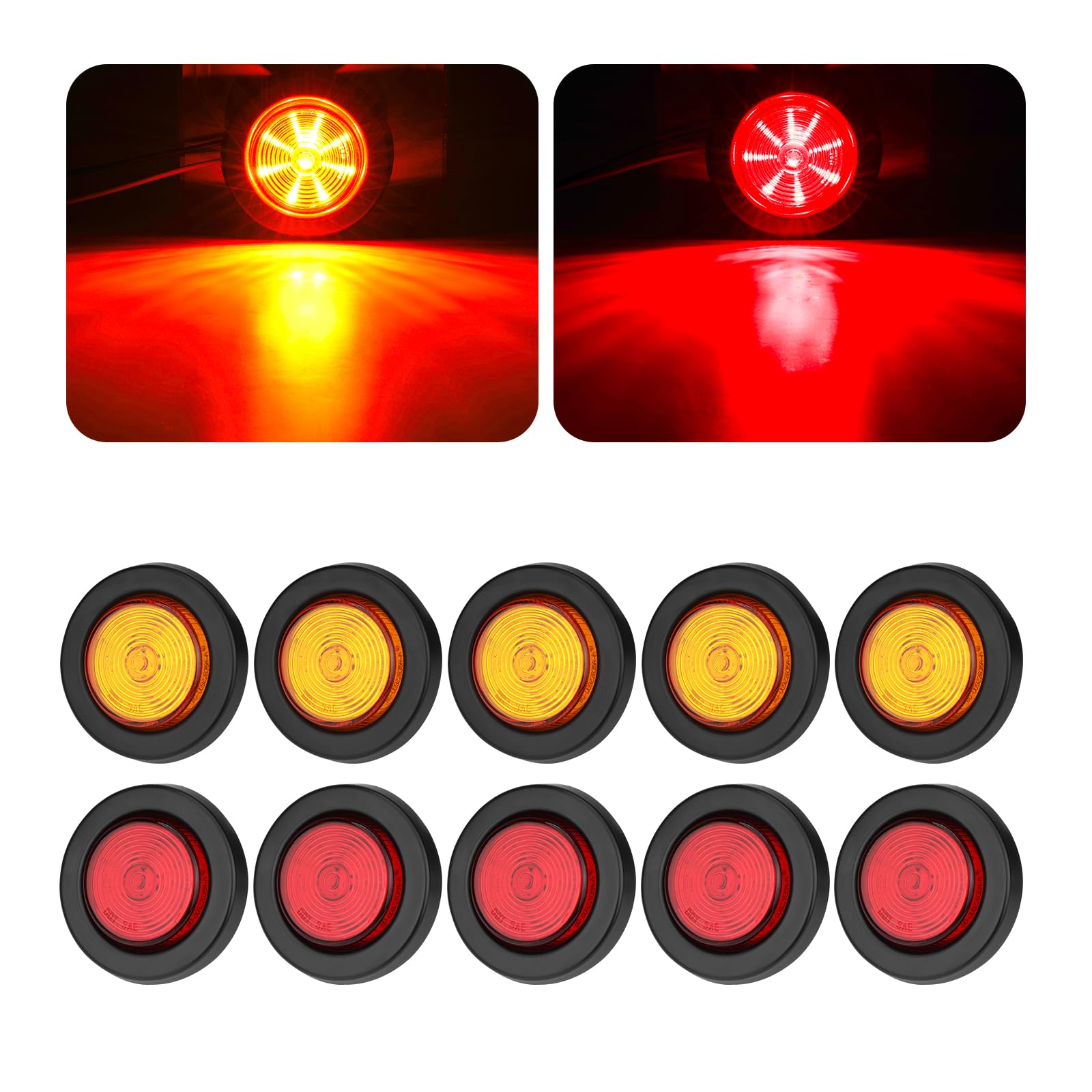 ULITECO 10PCS 2in Trailer Marker Lights Kit, 9 LED Round with Rubber Grommets & 2 Prong Pigtails, Waterproof, DOT Approved (5 Amber + 