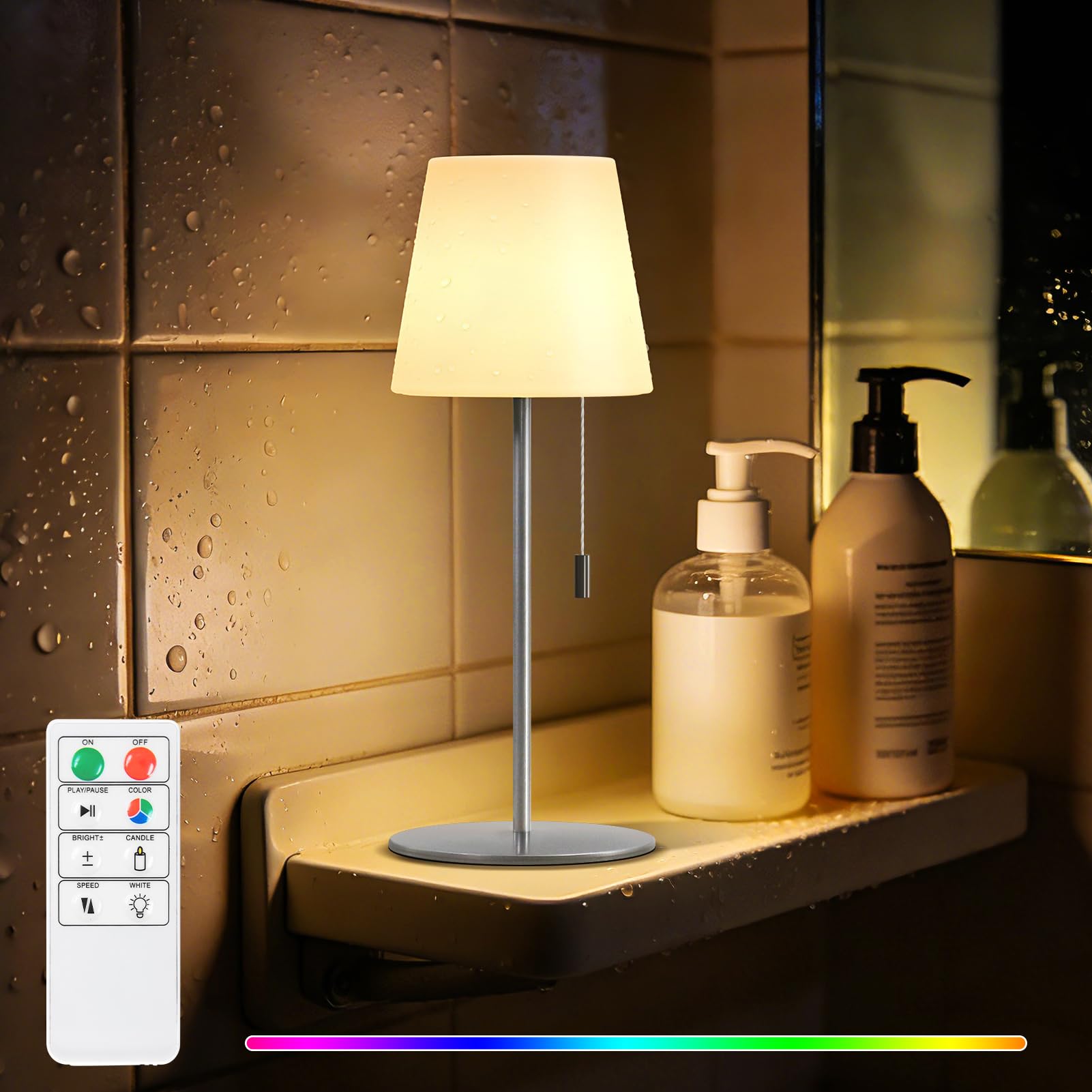 uuffoo Shower Lamp Waterproof with Warm White & RGB, Cordless Lamp Rechargeable with Remote, 4000mAh Battery Operated Light LED,