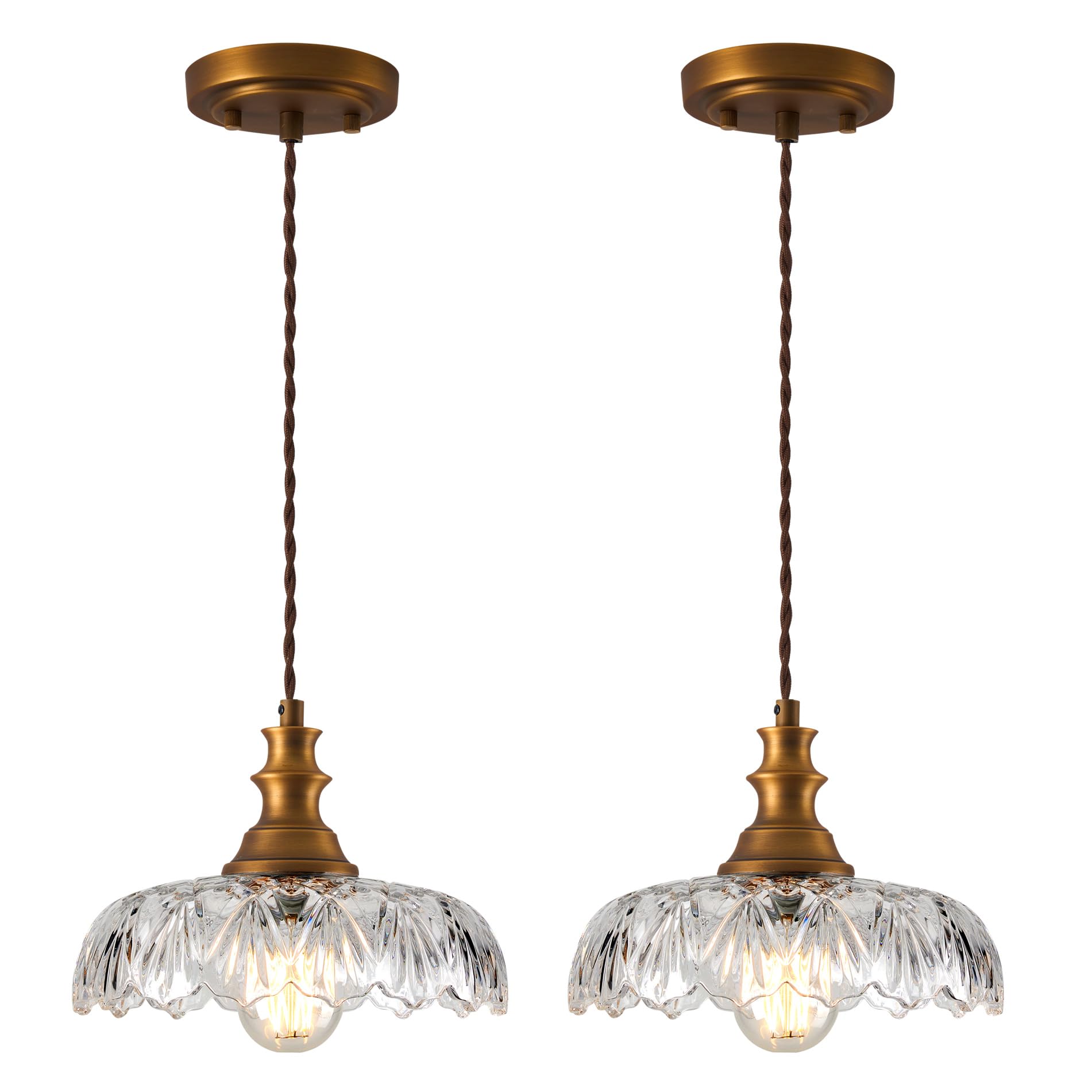 Curreyfols Set Of 2 Pack Vintage Chandelier/Light Fixtures/Glass Flower Pendant Lights Antique Brass/Gold Finish Farmhouse Moder