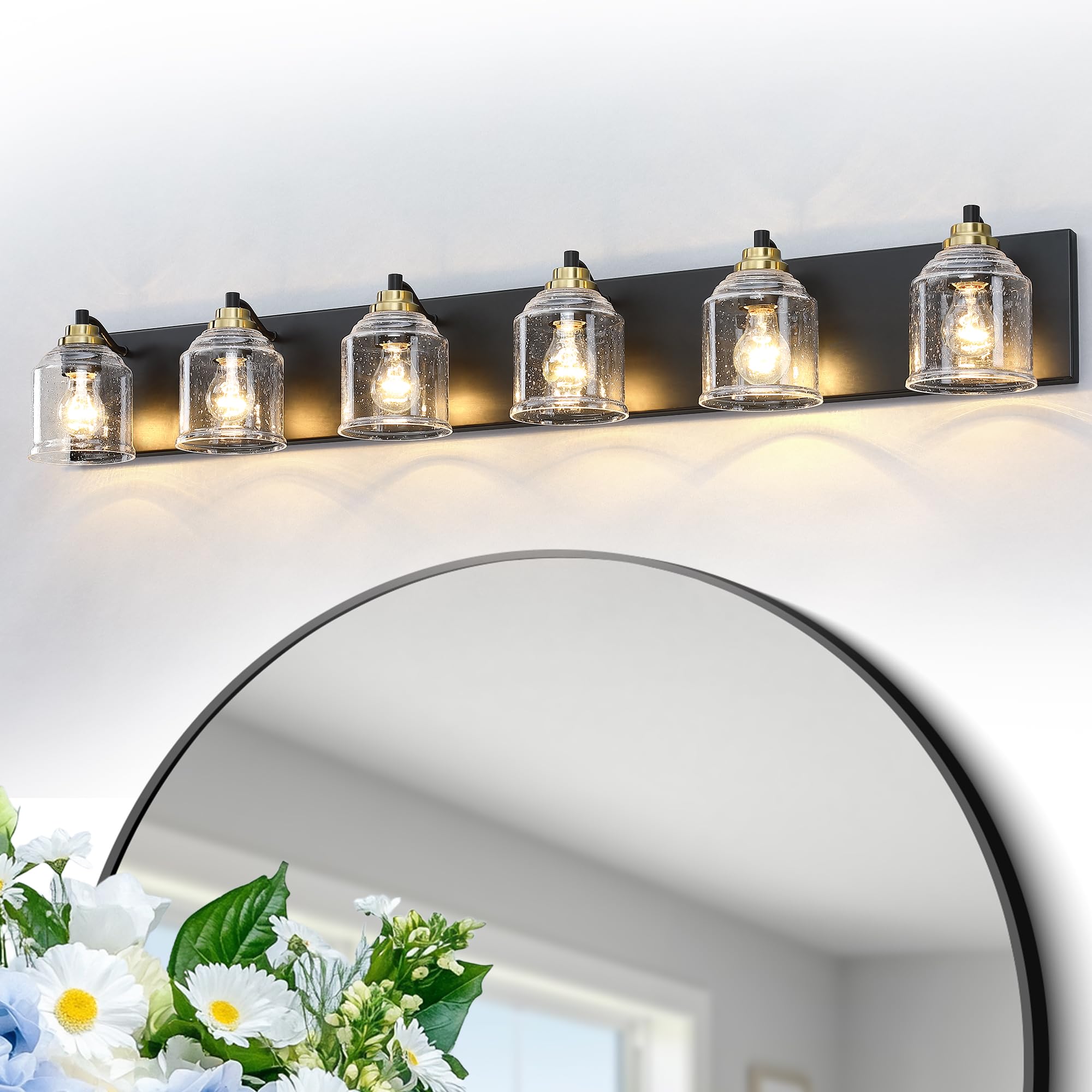YKLITG 6-Light Bathroom Vanity Light, Black and Gold Metal with Bubble Glass Shades, Model BD005, Rustic Wall Sconce for Home Decor