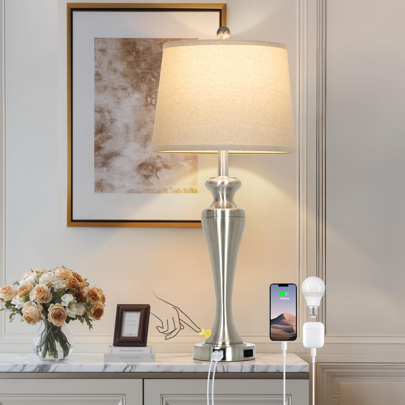 30 Inch Single Silver Table Lamp  3-Way Dimmable Touch Bedroom Lamp with USB A+C Ports and AC Outlet  Modern Metal Brushed Nickel Living Room Lamp  Bedside Lamp for Nightstand Guest Room End Table