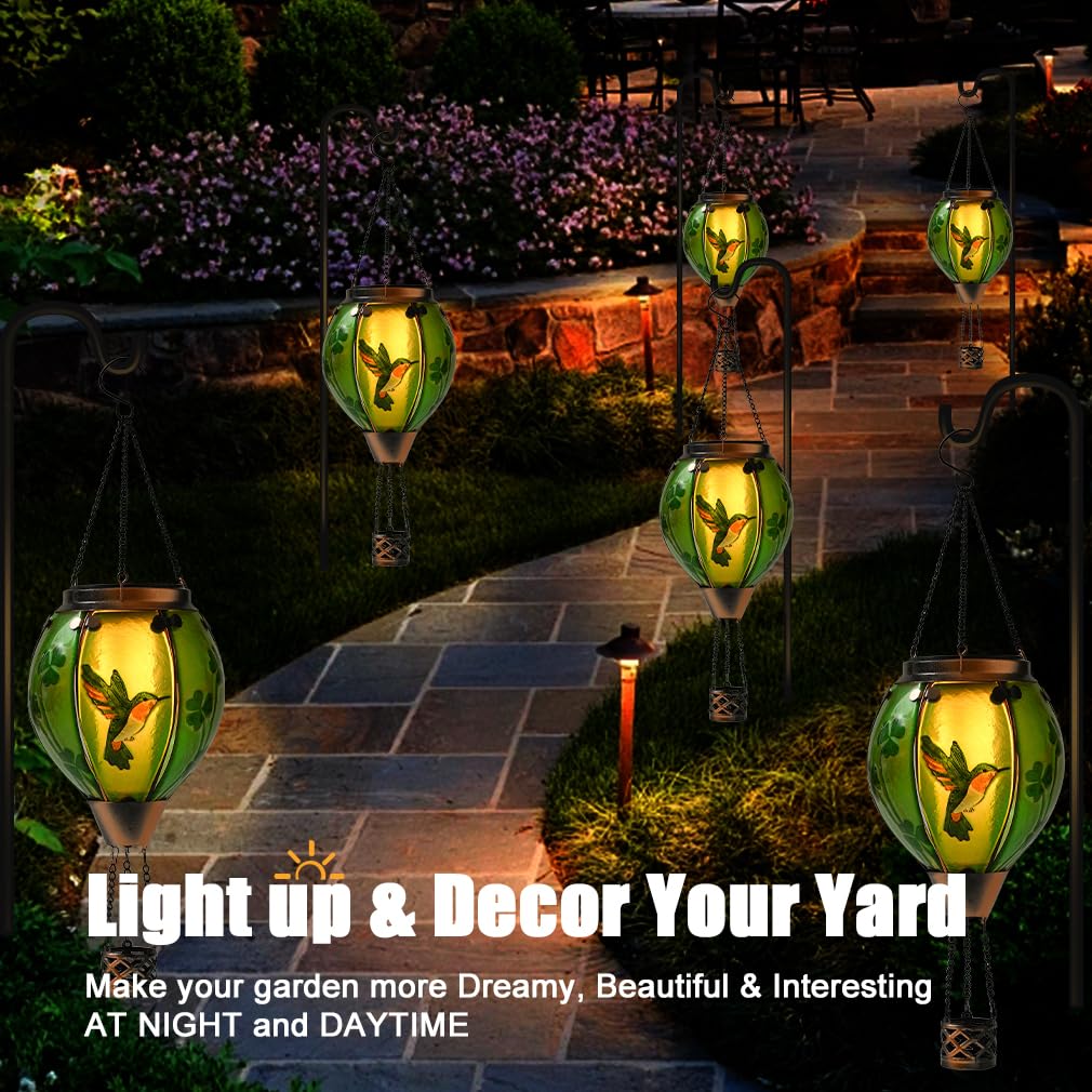 Bathtoo St Patricks Hot Air Balloon Solar Lantern, Glass, Hummingbird & Shamrock, Simulated Flickering Flame, Outdoor Decor