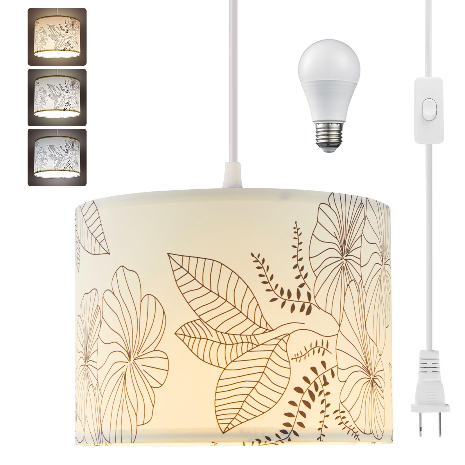 Cckzqyr Plug In Pendant Light, 15 Ft Hanging Lamp With Plug In Cord, On/Off Switch, Flower Fabric Shade, 3 Color Bulb Hanging Light Fixture For Bedroom, Living Room Dining