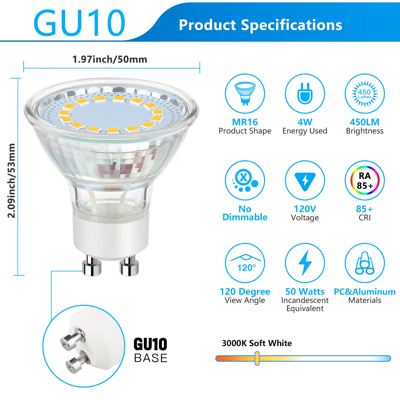 Maylaywood Gu10 Led Light Bulb, 50 Watt Halogen Equivalent, Soft White 3000K 450Lm Non-Dimmable 4W Led Replacement Recessed Trac