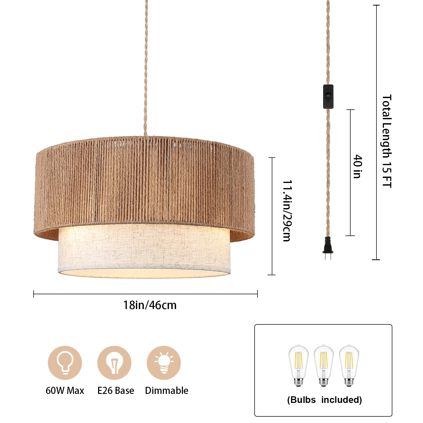 Kirahee Plug in Pendant Light, 18in Rattan Chandelier with Fabric Shade, E26 On/Off Switch, 3-light for Dining Room, Living Room, Kitchen
