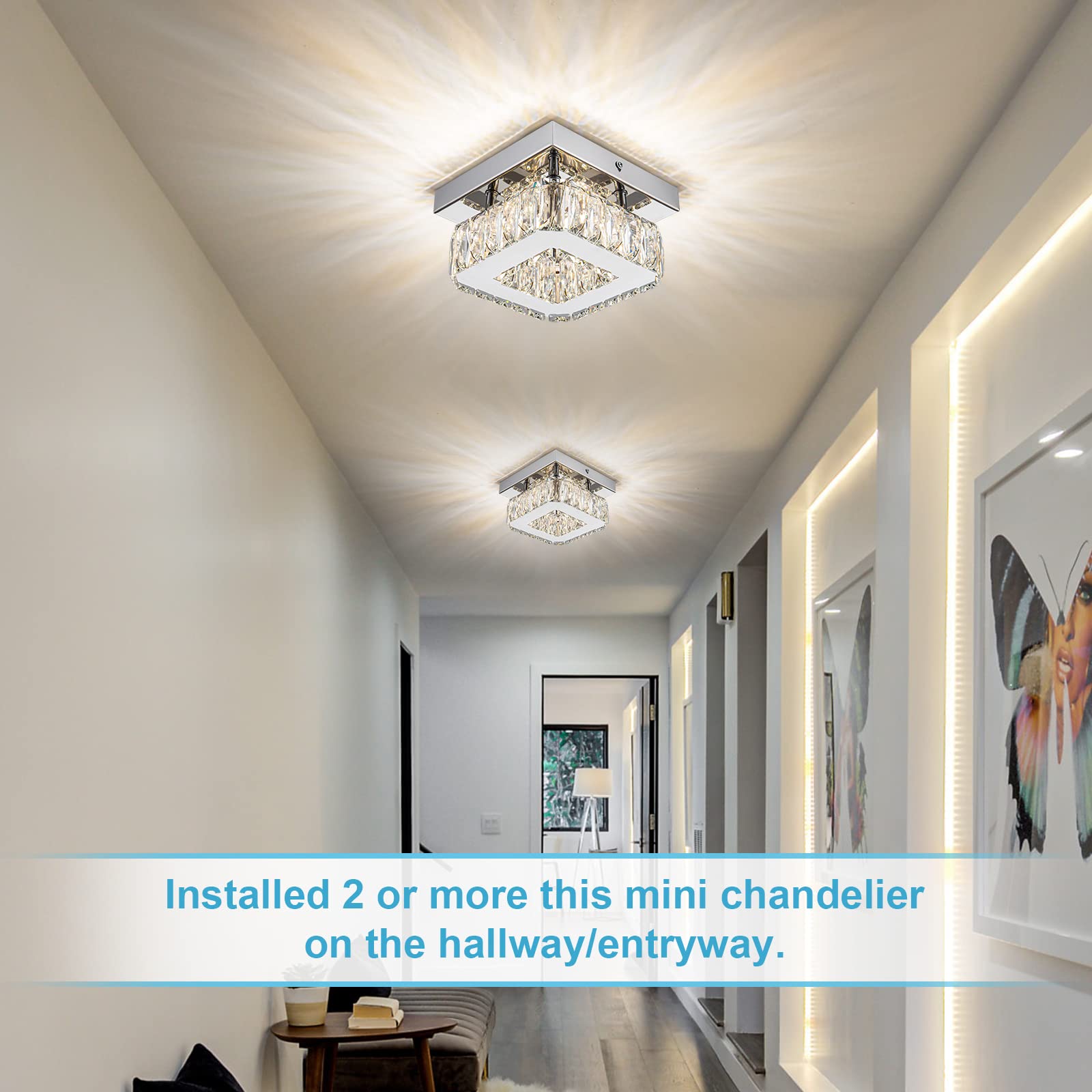 Homlaiting Mini Modern Crystal Chandelier, 3-Light Led Flush Mount For Hallway, Bedroom, Kitchen