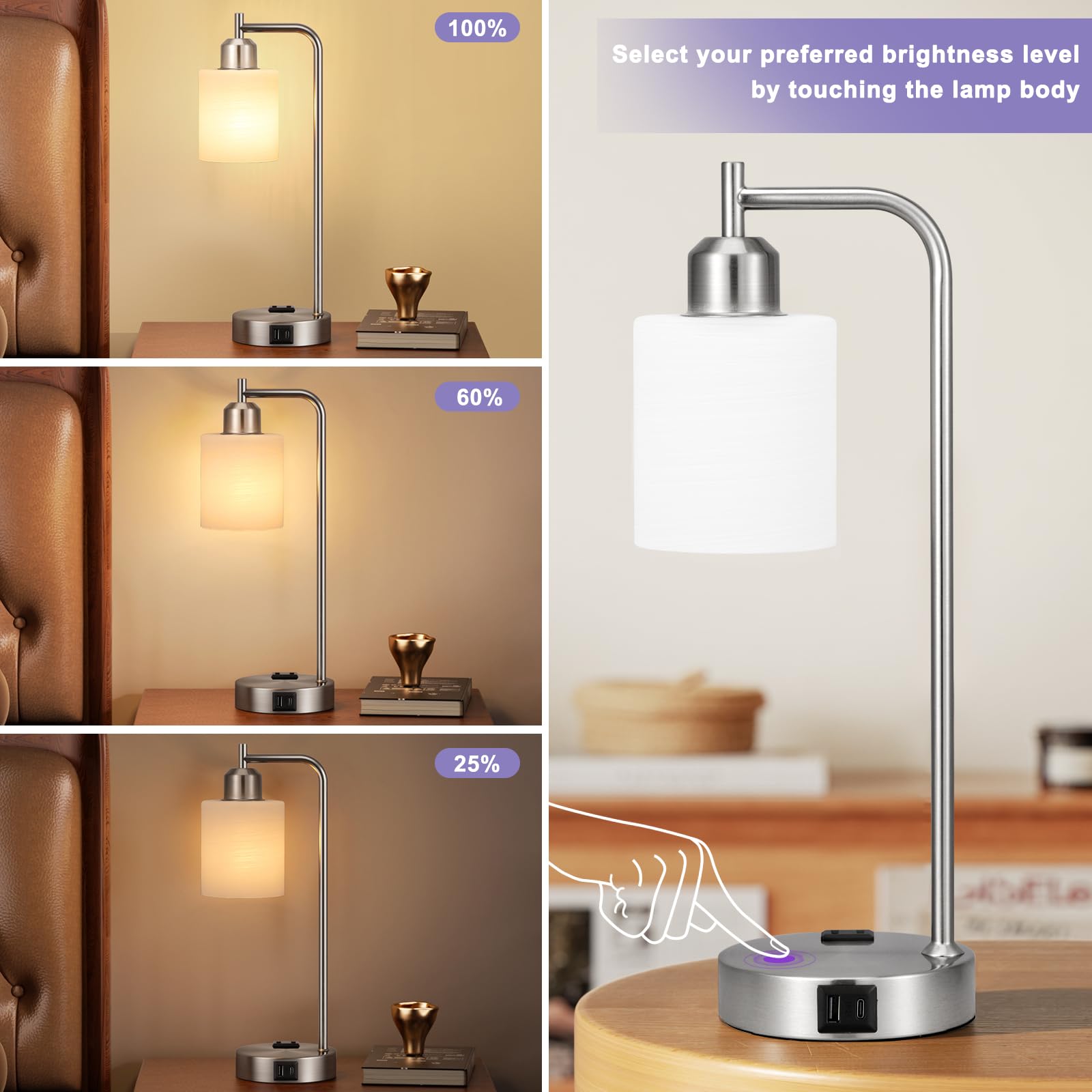 Innqoo Industrial Nickel Table Lamps For Bedrooms Set Of 2-3-Way Dimmable Desk Lamp With Usb C+A Ports And Outlet, Sliver Lamps