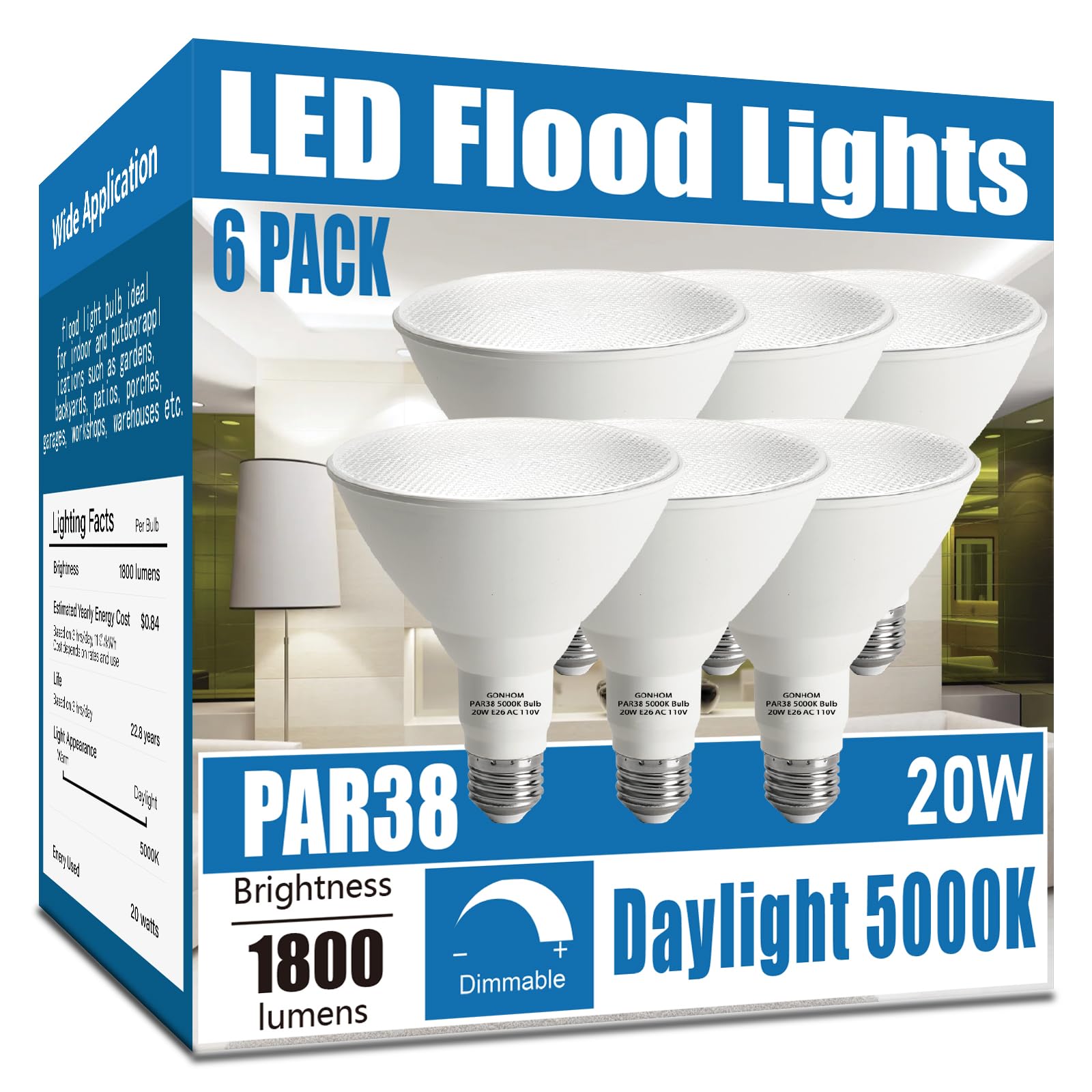 Gonhom 6 Pack Par38 Led Flood Light Bulbs, 5000K Dimmable, 20W Replace 200