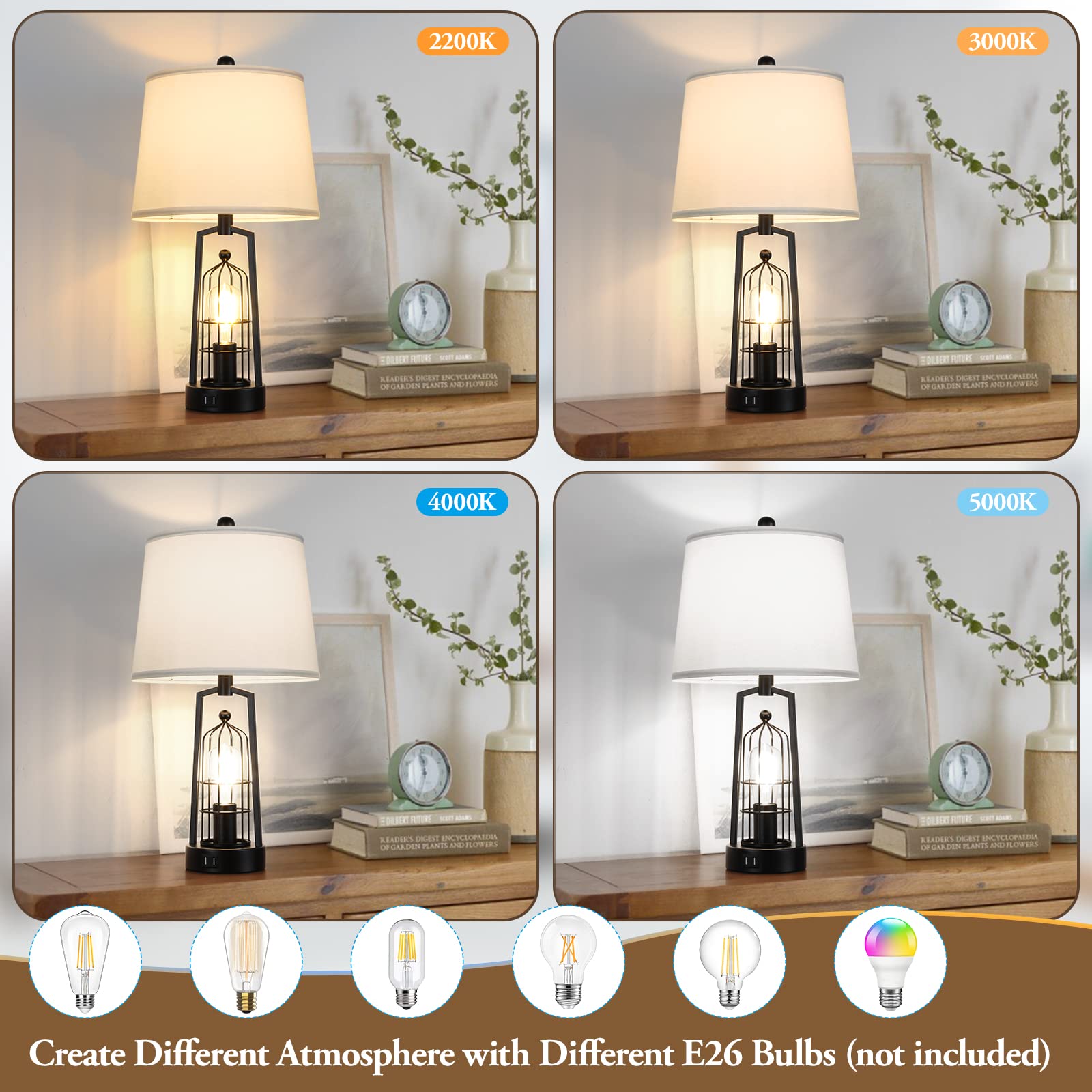 Brightever Farmhouse Table Lamps Set of 2, Rustic Metal with USB Ports, White Shades, Model JT2026.WH