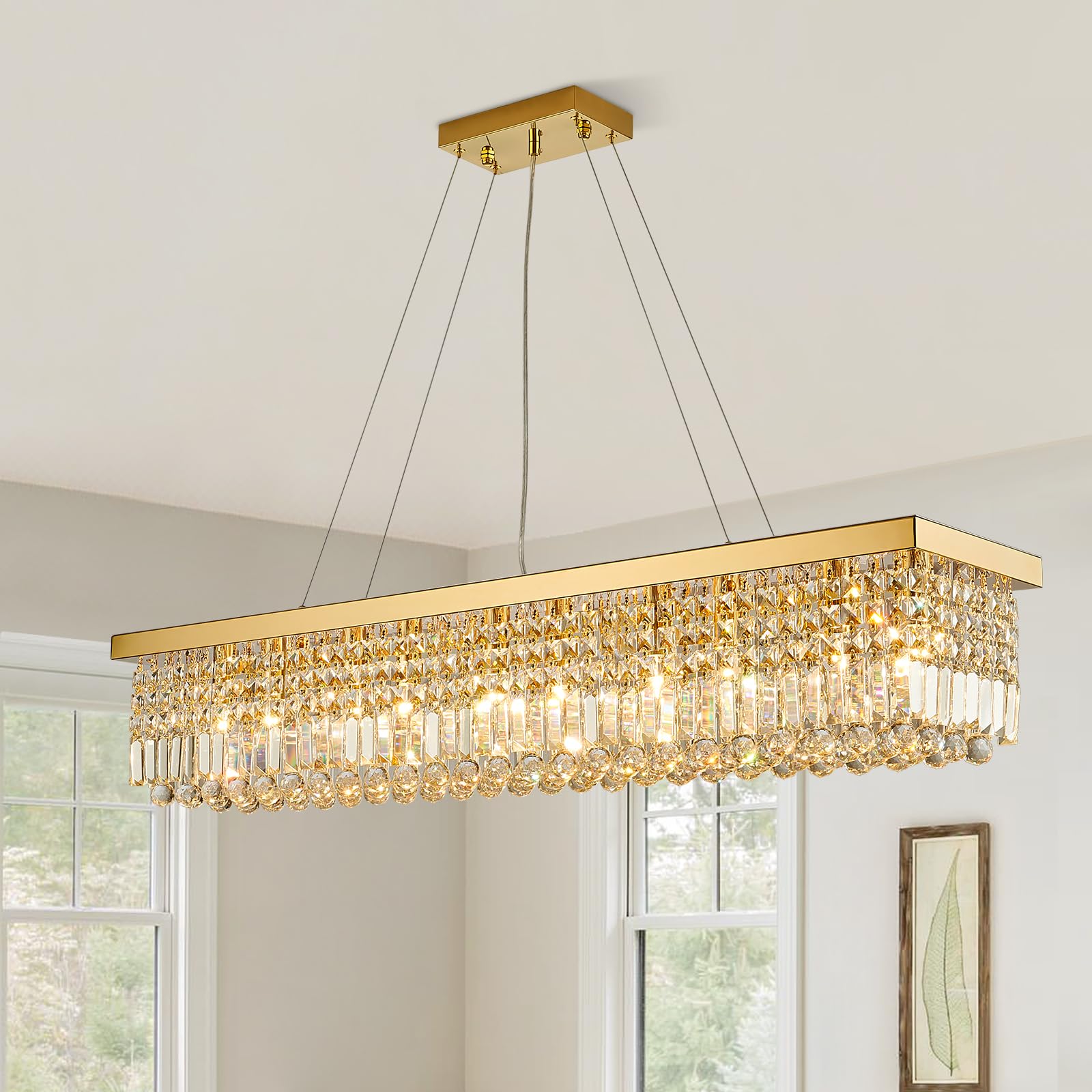 Siljoy 10-Light Crystal Chandelier, Gold Rectangular Flush Mount, Stainless Steel, 47in  L x 10in  W x 10in  H, Modern Design for Dining Room