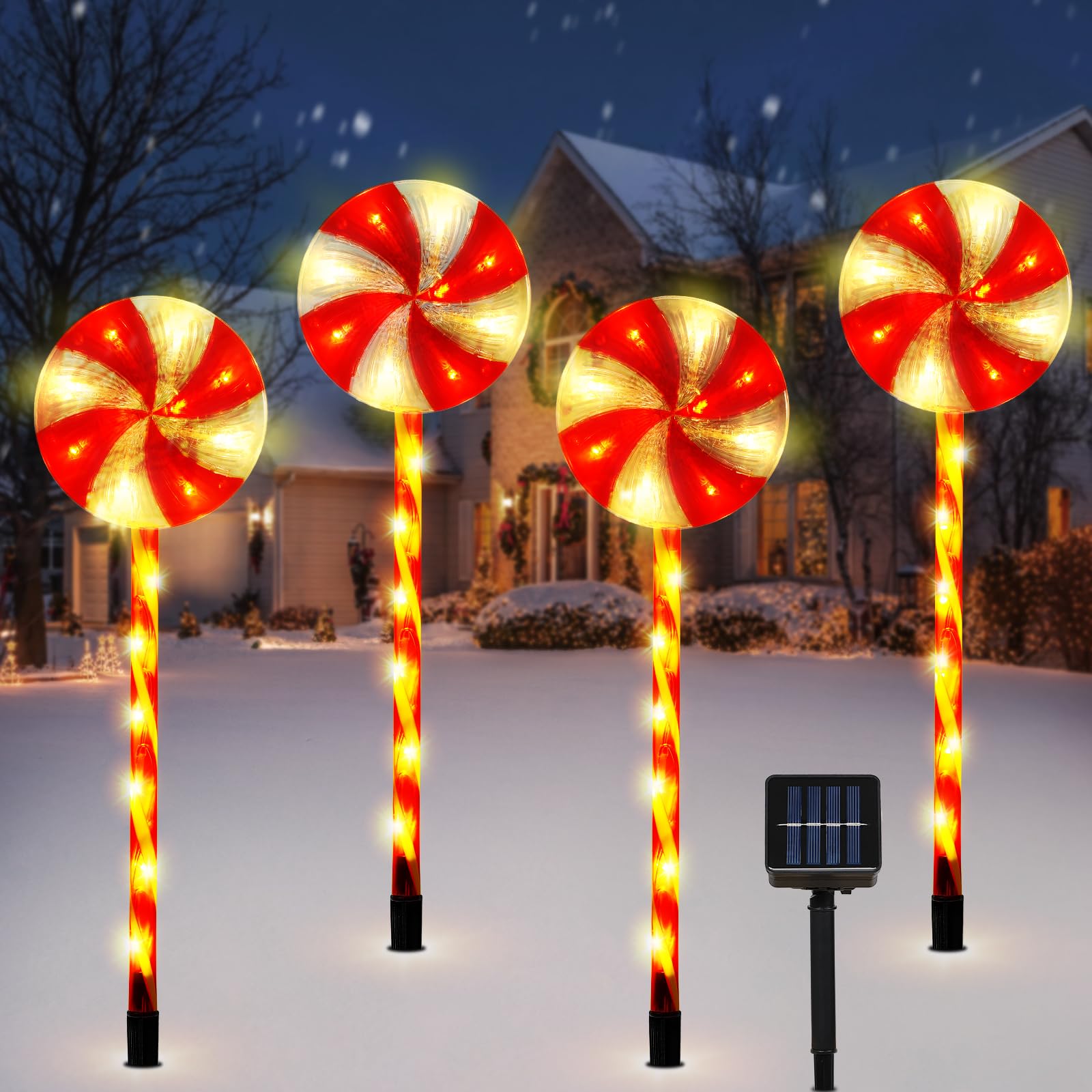 Lewondr 4 Pack Lollipop Christmas Decorations Outdoor,Solar Lighted Candy with Garden Stakes,Waterproof Garden Lawn Pathway with