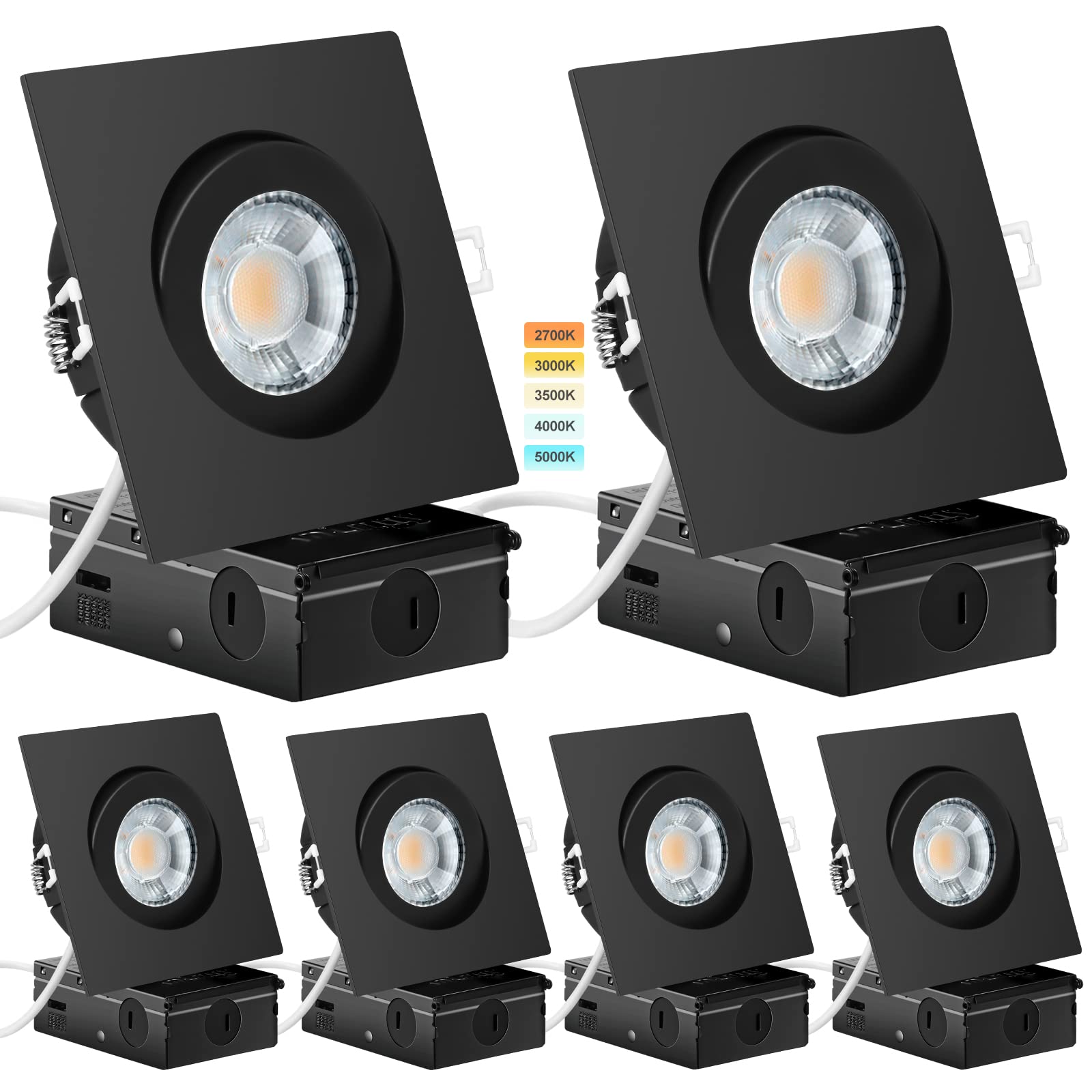 KnLnny Ware Square Black Led Gimbal Lights 6 Pack, Recessed Ceiling Light with Junction Box,5CCT Selectable,9W 750LM,Dimmable Sl