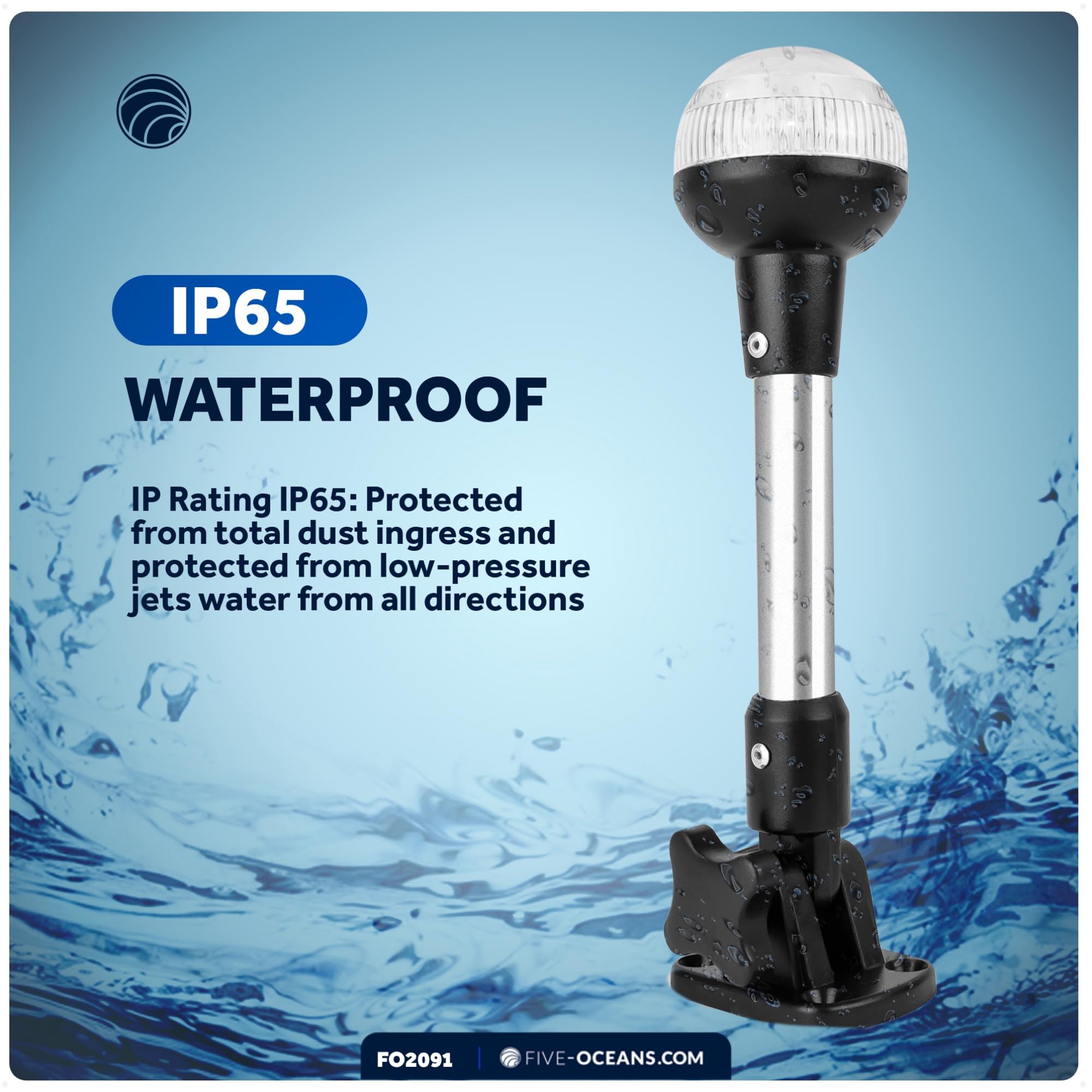 Five Oceans 9-Inch Stern Light - Stainless Steel Pole, 2NM Visibility, For Pontoon, Sport & Fishing Boats