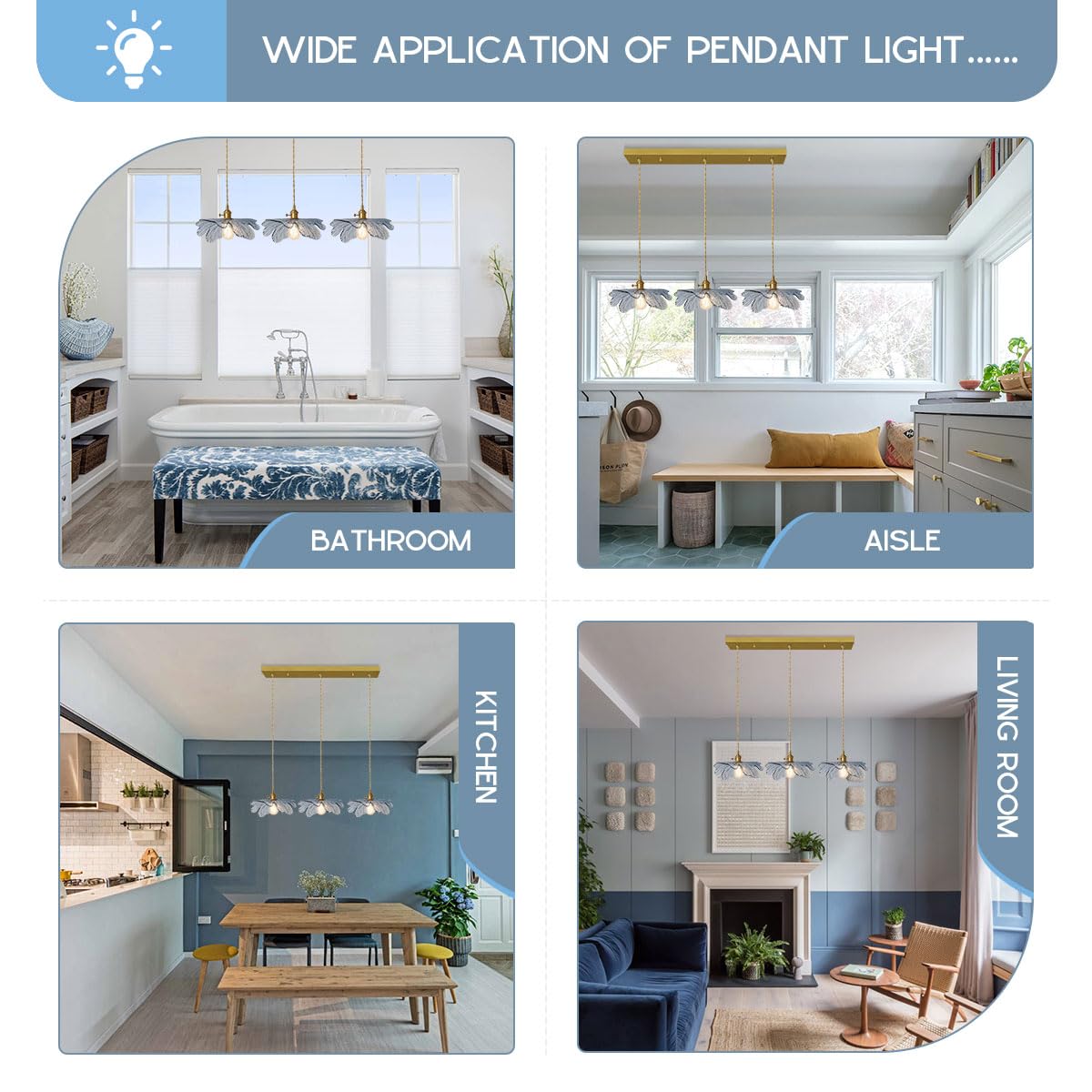 Auwieou 3 Light Pendant Lighting Blue Glass Pendant Light Brushed Brass Pendant Light Fixtures Vintage Farmhouse Chandelier 1-Li