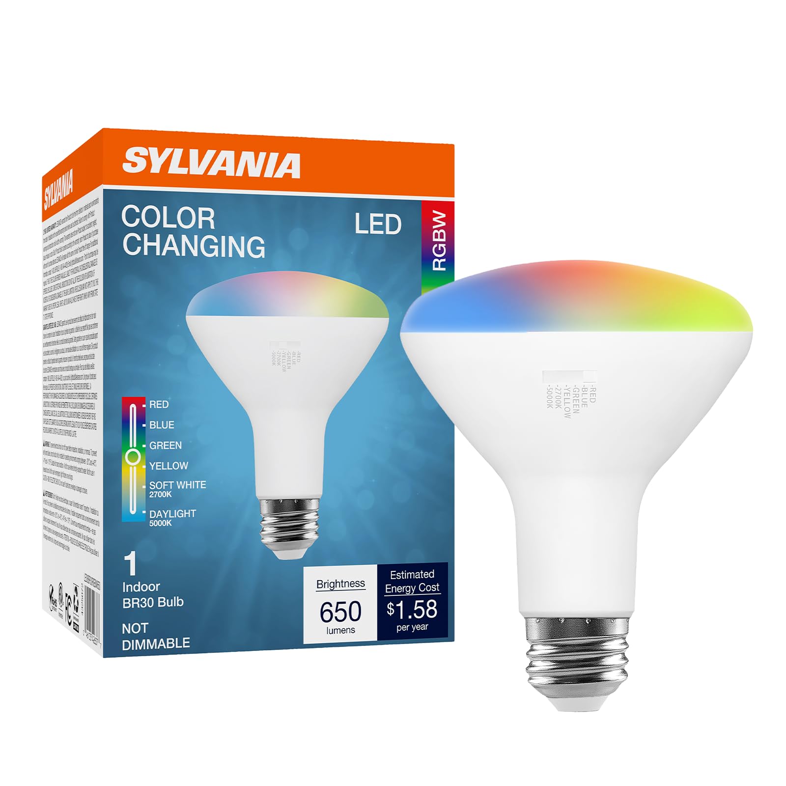Sylvania LED Color Changing Light Bulb, Red/Blue/Green/Yellow/White, 2700K/5000K, RGBW Colored Light Bulbs, 8W, BR30, E26 Medium