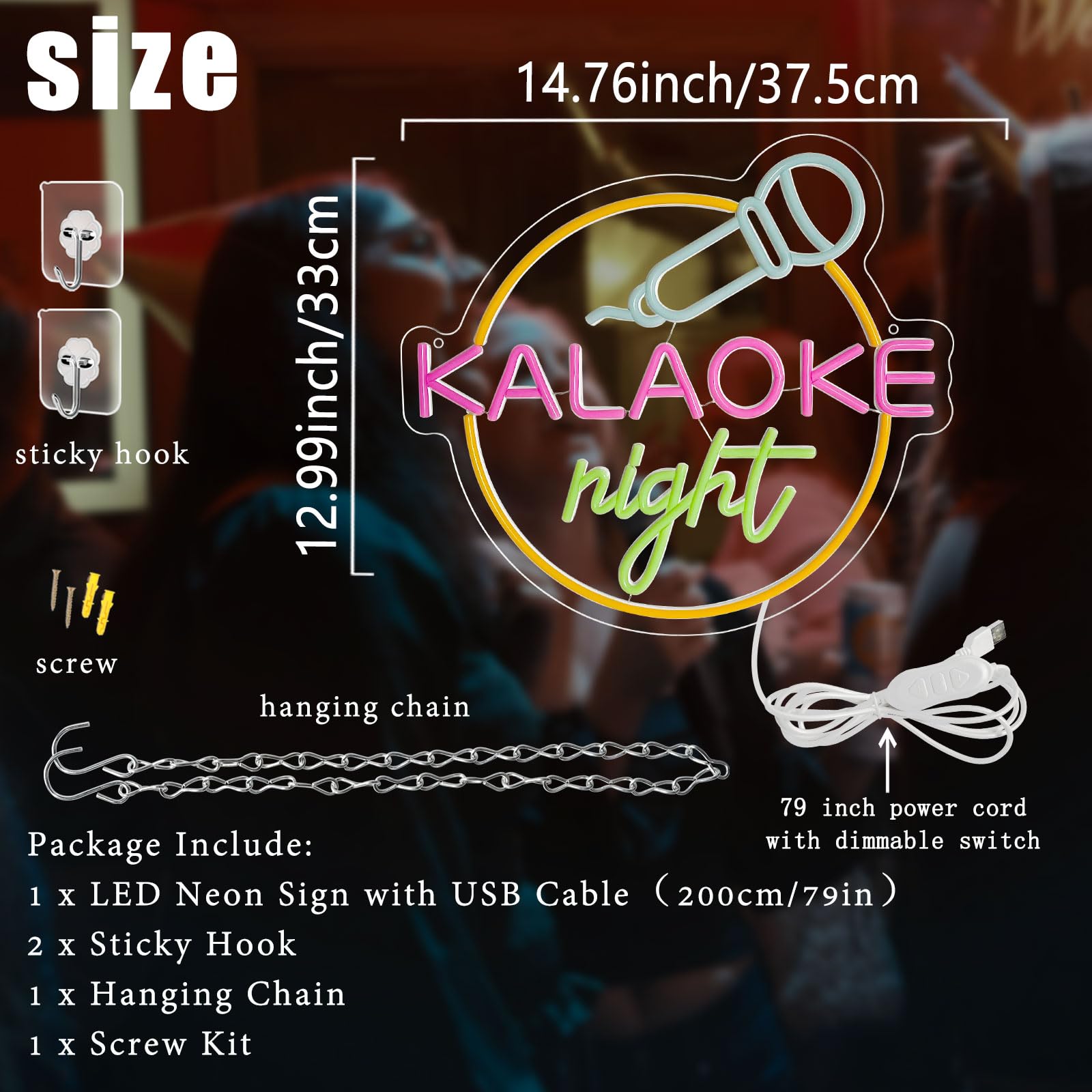 BerniceKelly Karaoke Neon Sign - Dimmable LED Wall Art for Music Room, 14"x1", Silicon & Acrylic, Kalaoke Color