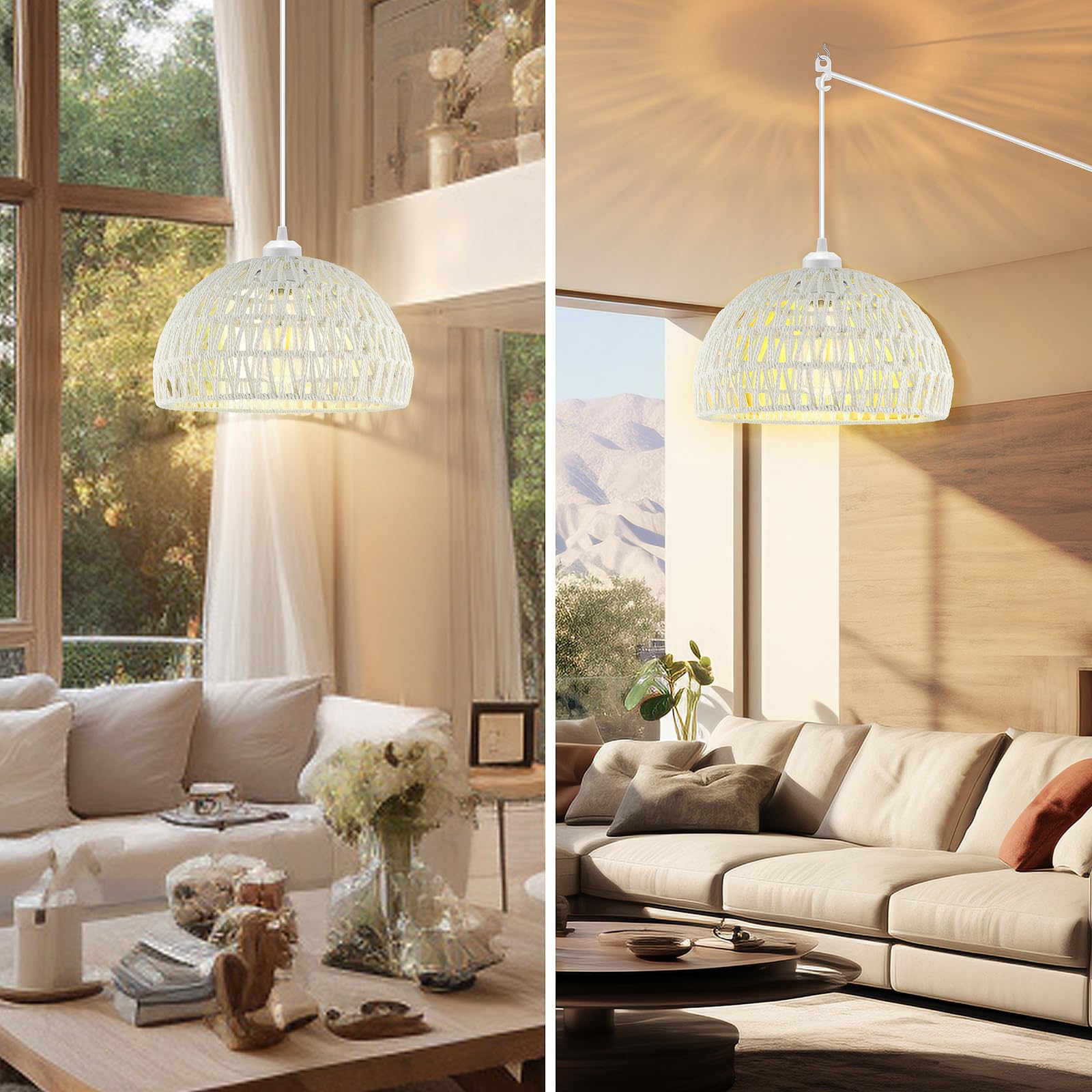 SLYYMY Plug-in Pendant Light, 15FT Hemp Rope Cord, Cream Wicker Lampshade, Industrial Ceiling Fixture, Model SPEL-0011C
