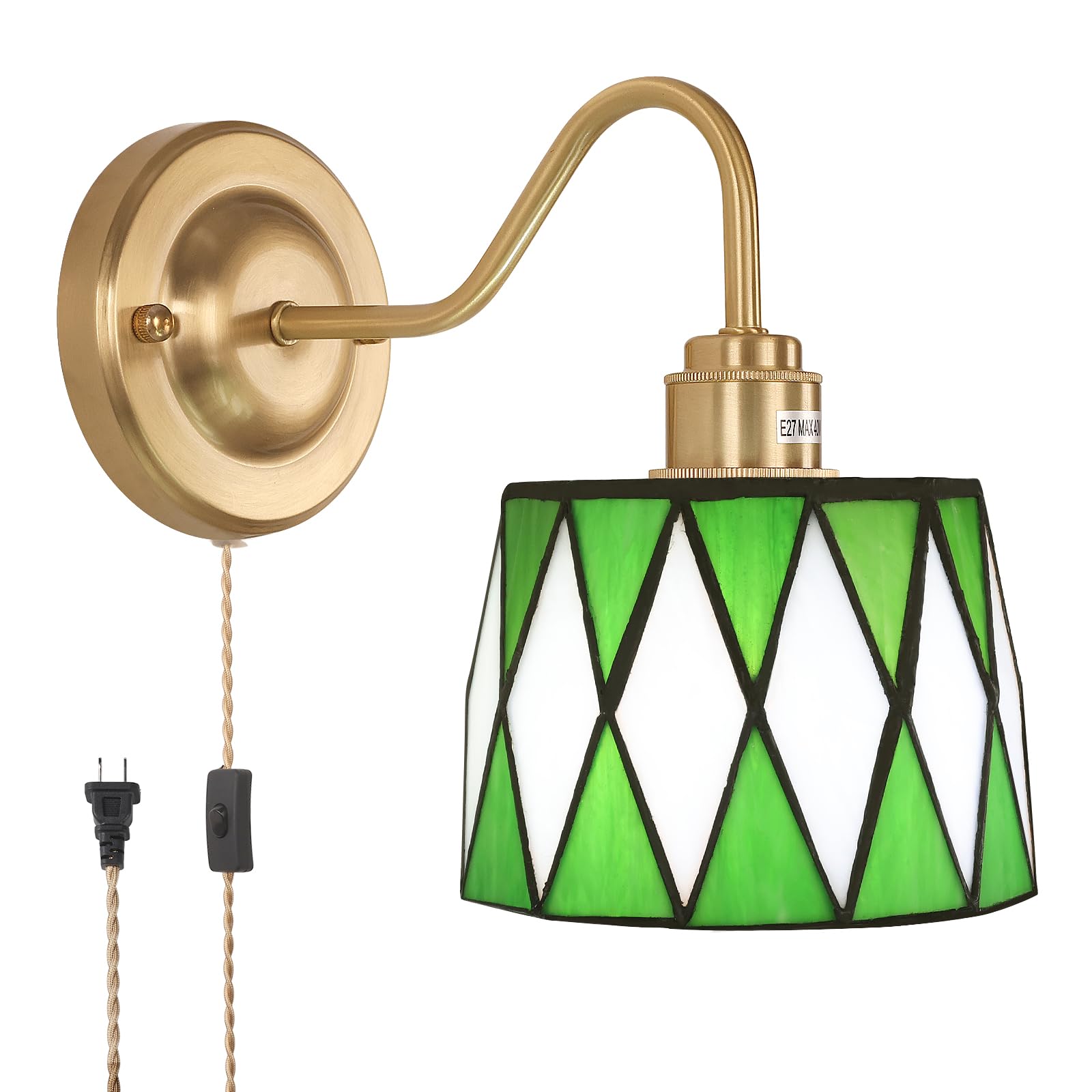 Shenmoyl Vintage Wall Sconce, Wall Mounted Lamps With Green Checker Sconce, Stained Glass Shade Gold Wall Lights Fixture With Plug In Cord And Switch For Bedroom Bathroom Living Room Hallway