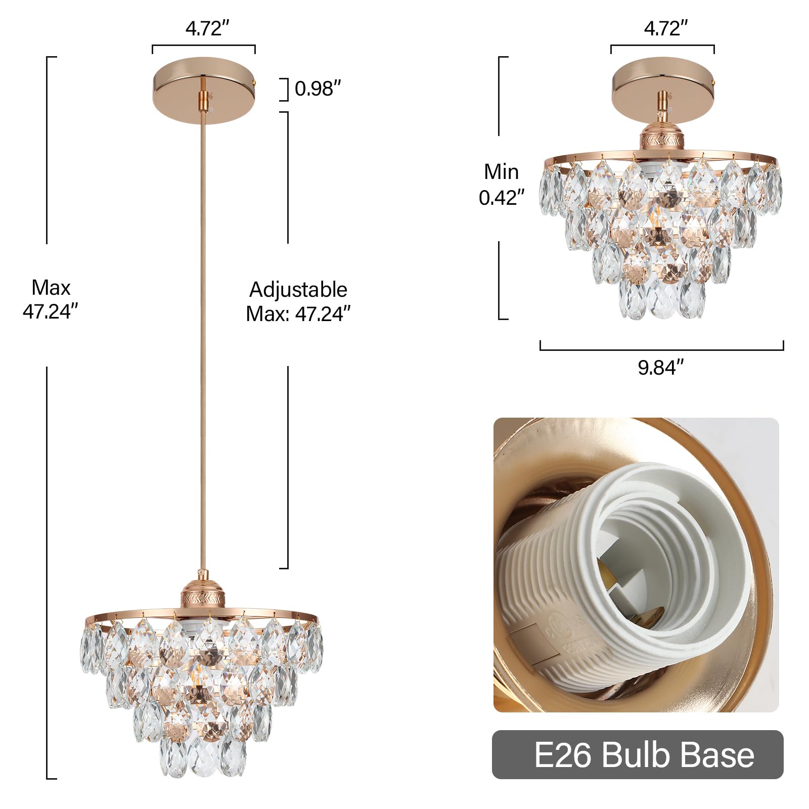Luupyia Rose Gold Crystal Pendant Light Chandelier, 47.24" Adjustable Height, Modern Hanging Fixture for Hallway & Bedroom, Model EL00146