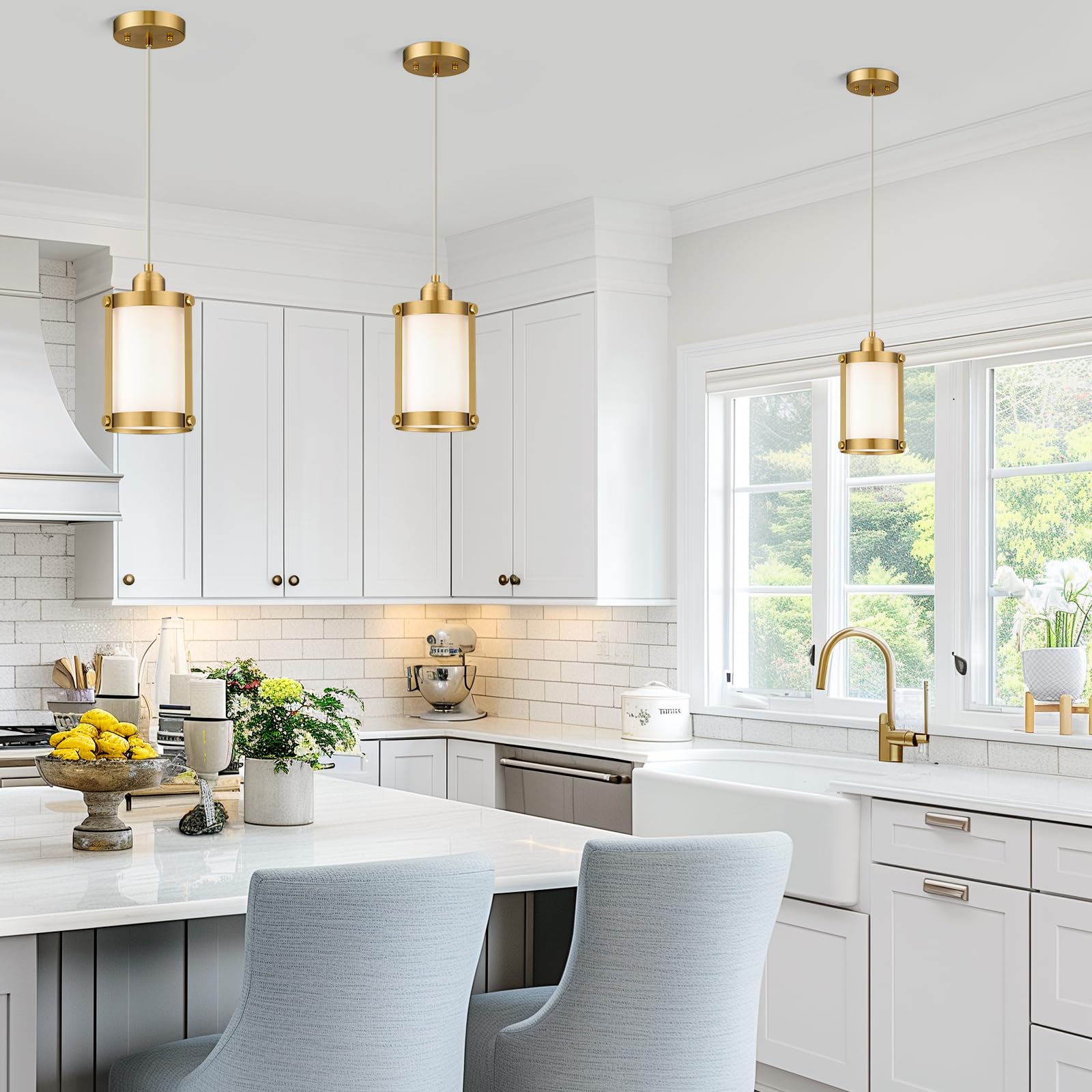 Osimir Brushed Gold Pendant Lights Kitchen Island, 1-Light Modern Brass Mini Hanging Light Fixtures With Milk Glass, Farmhouse K