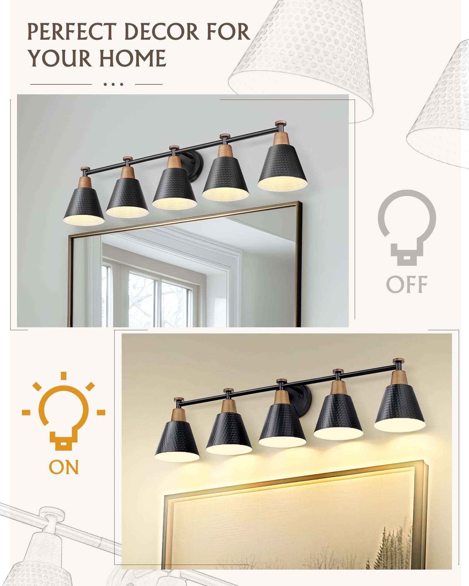FEMILA Black Vanity Light Fixture, 37" Matte Black Metal Bathroom Lighting, Model 4FG59B-5W BK
