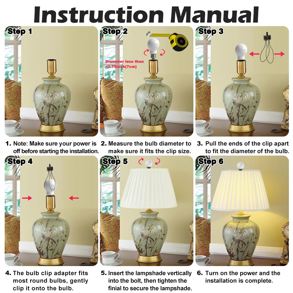 Asjeumt 2Pcs Lamp Shade Light Bulb Clip Adapter Kit, Bronze Lampshade Holder Adapter With Crystals Top Finial, No Harp Required,