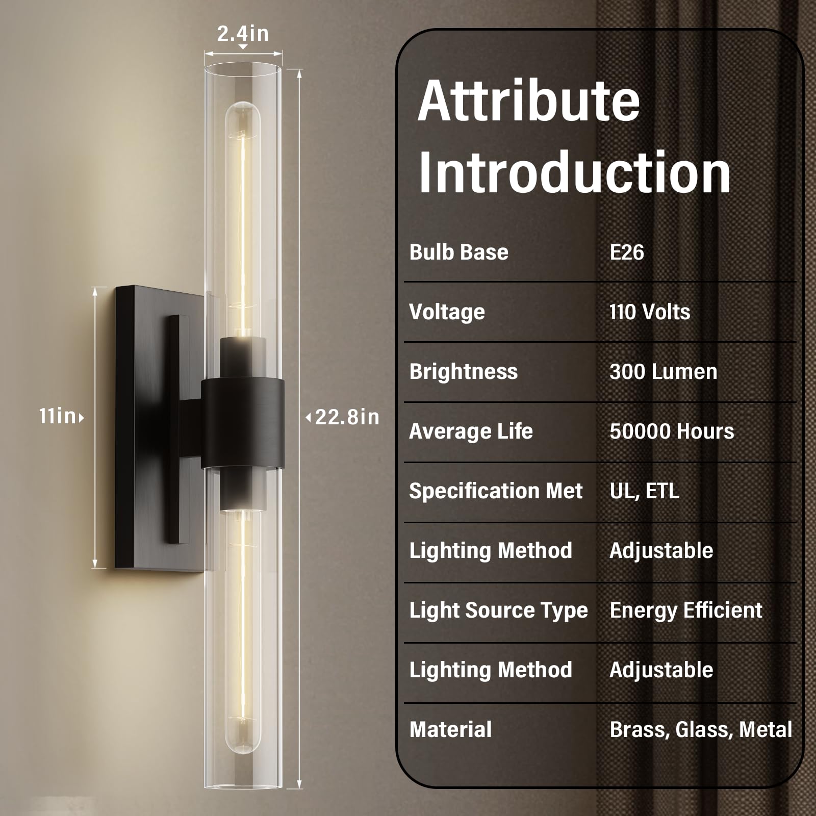 YUEXPAND Wall Sconces Set of Two, Brass, 22.8in with Clear Glass Shade, Black, Bathroom Lighting