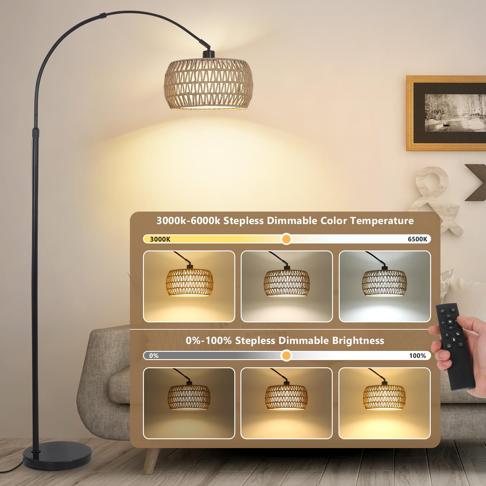 Arc Floor Lamps For Living Room With 3 Color Temperatures, Black Standing Lamp With Remote & Dimmable Led Bulb, Rattan Boho Floo