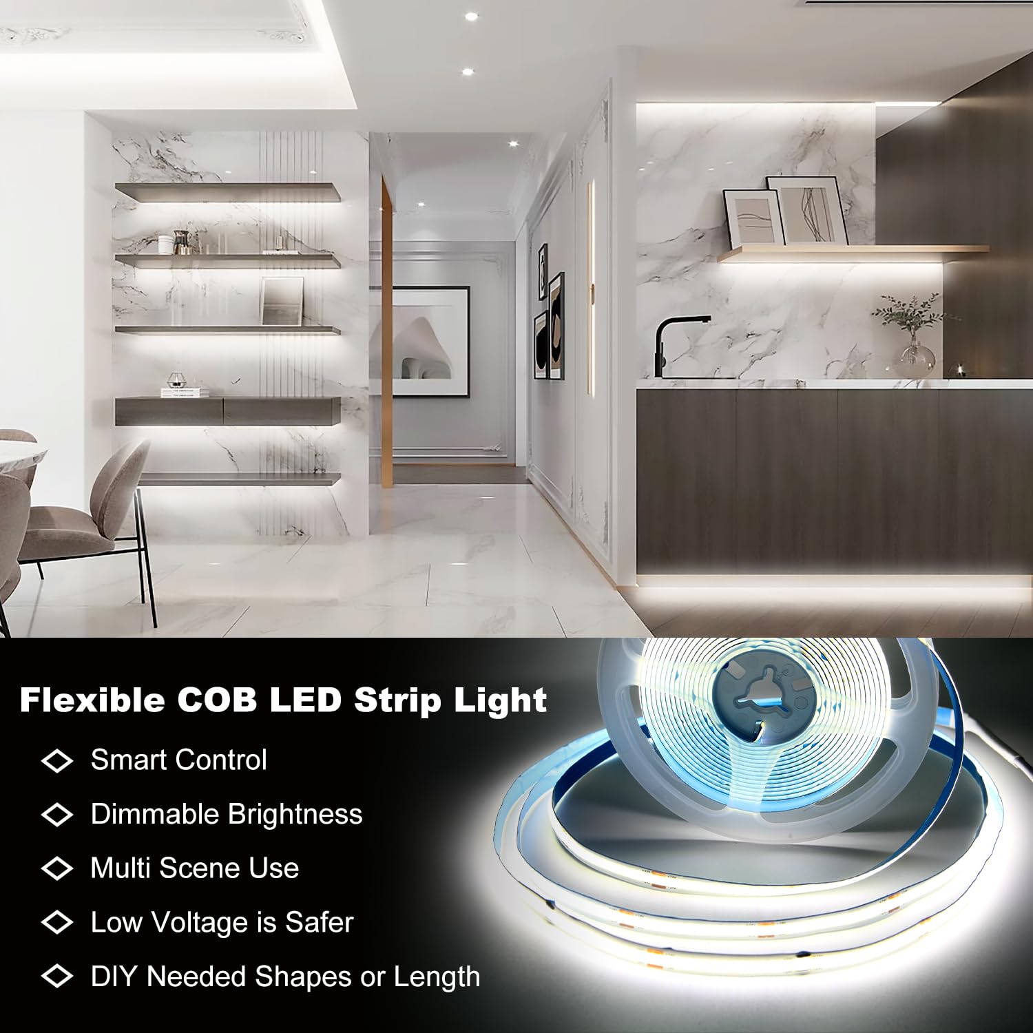 Cob Led Strip Lights, Led Light Strips With Remote And App,16.4Ft 6500K Dimmable Bright Daylight White Cob Light Strip, Adhesive