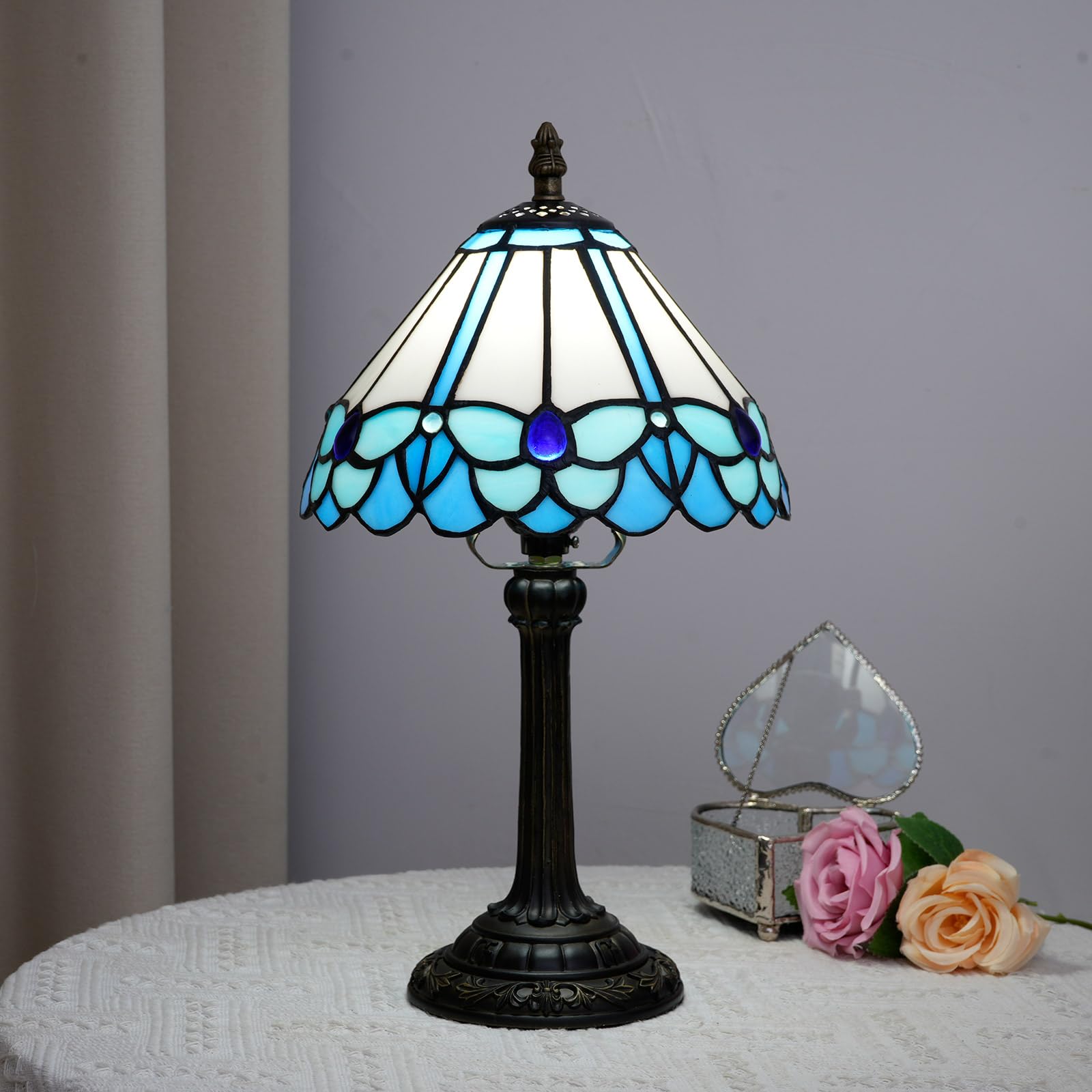 Tiffany Lamp Little Blue Butterfly Style Stained Glass Reading Lamp 8X8X14 Inch Bedroom Bedside Nightstand Night Light Home Offi