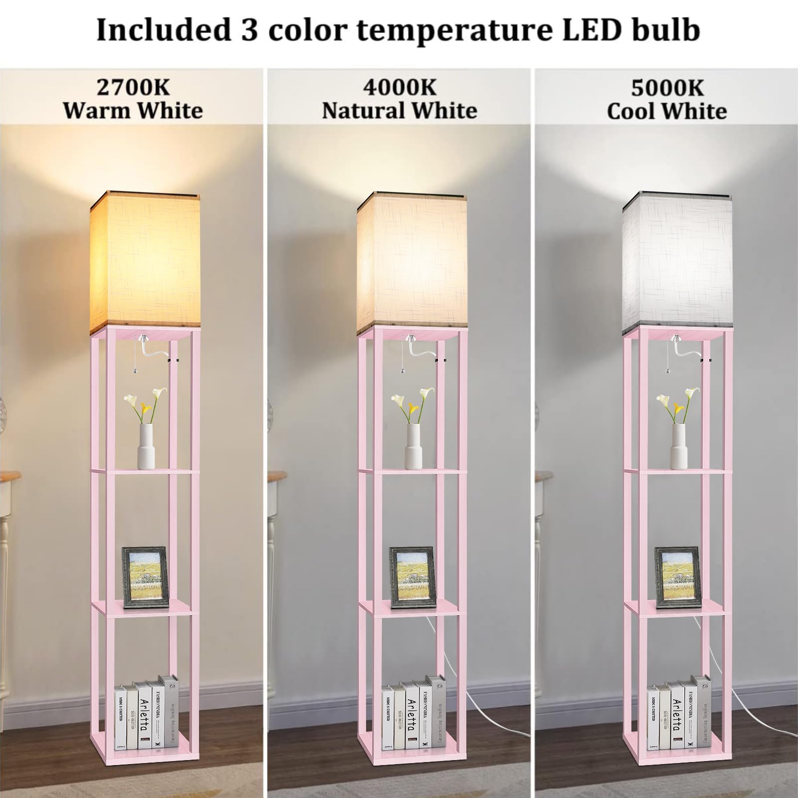 Dott Arts Floor Lamp with Shelves, 10.2in Wide, Wood, Pink, Model WLM1600-FLA-8W-13, Modern LED Standing Lamp for Living Room and