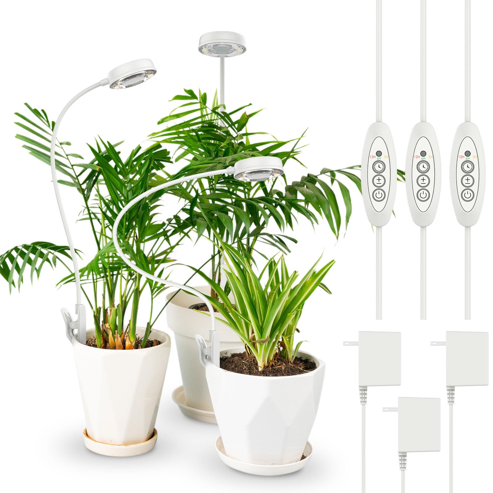 SANSI Pot Clip LED Plant Light, Full Spectrum, 4-Level Dimmable, Auto Timer, 10W, 3-Pack, White, Model C23ZW024