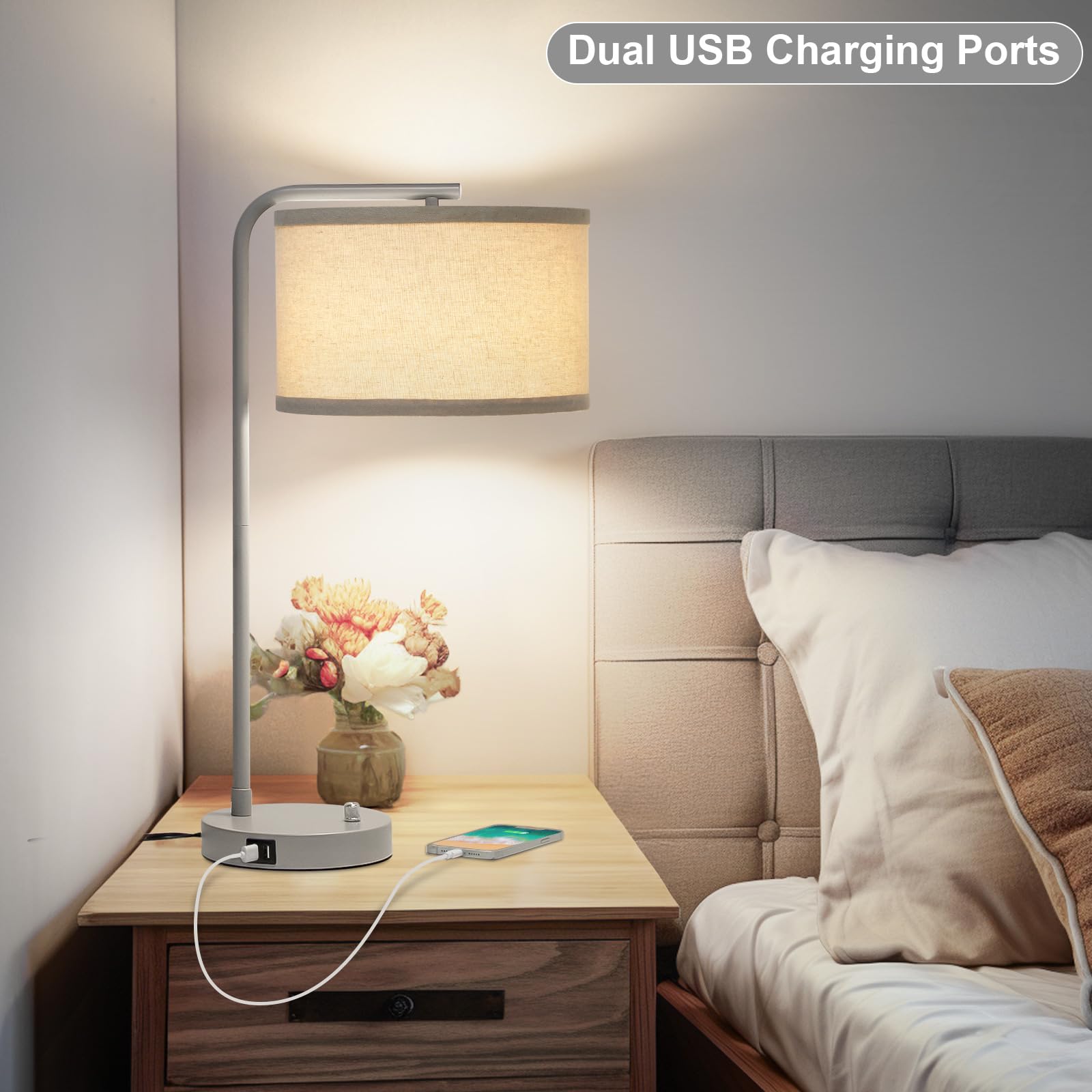 Table Lamp With Usb Ports, Fully Dimmable Nightstand Lamp For Living Room, Modern Grey Bedside Lamp, Tall Table Lamp With Beige