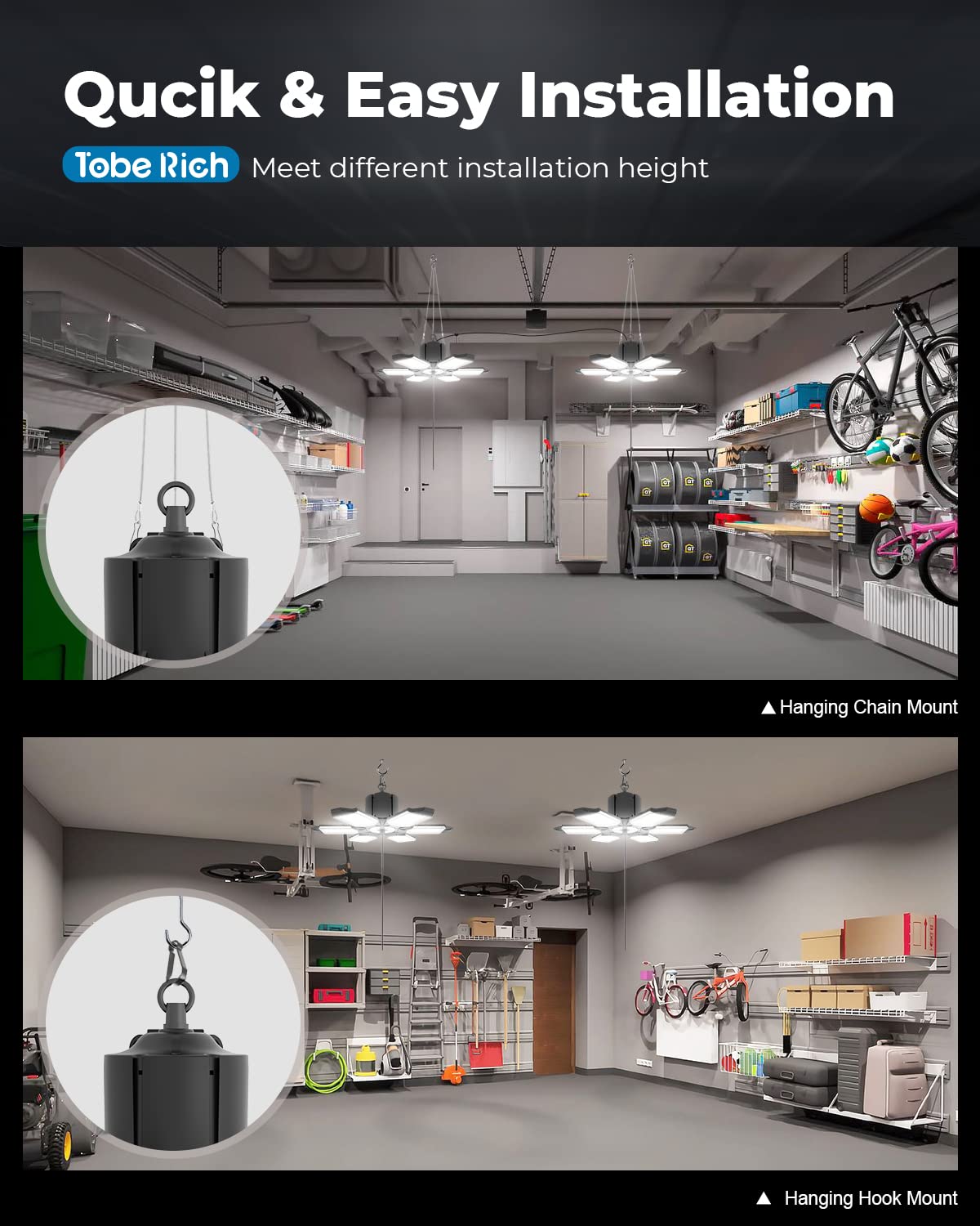 toberich LED Garage Lights 200W 20000LM, 4 Pack Linkable Shop Light, 6500K Ceiling Light, Black, Model MJDZ0004