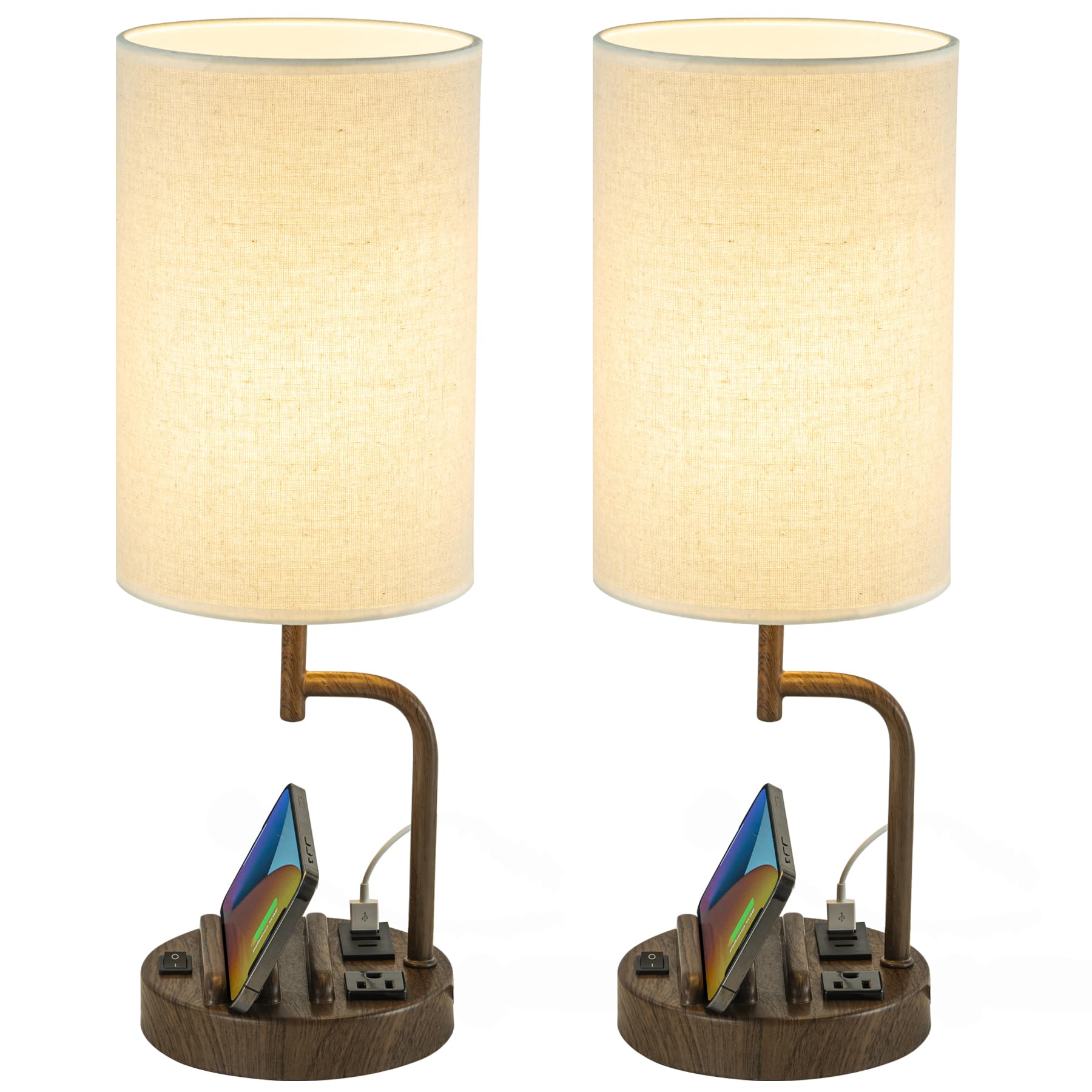 Dreamholder Table Lamp with 3 USB Ports, AC Outlet, Phone Stands, Pack of 2, Walnut, Model DH9099