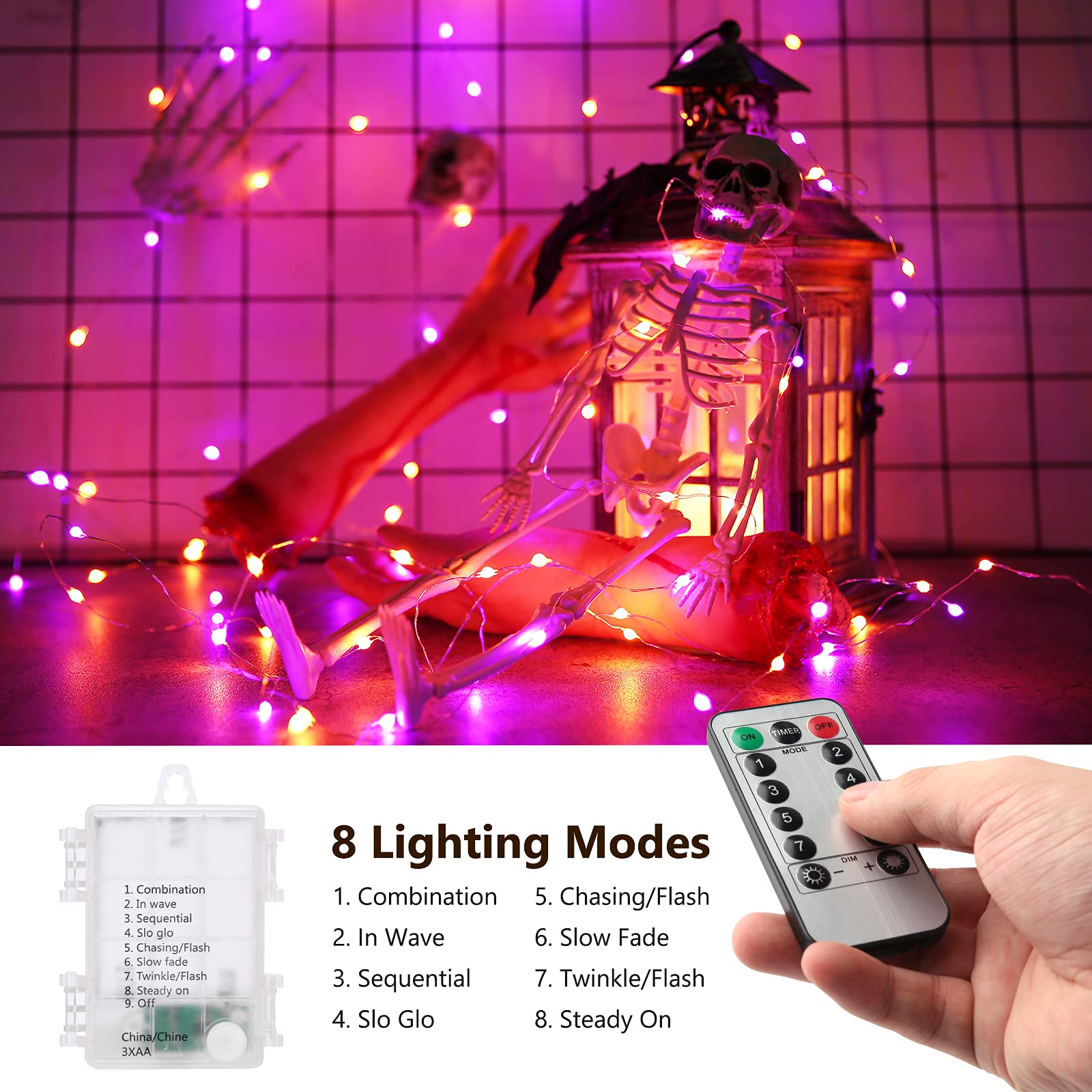 BrizLabs Halloween String Lights, 2 Pack 50 LED, 17.48ft, Waterproof, Purple & Orange, 8 Modes with Remote