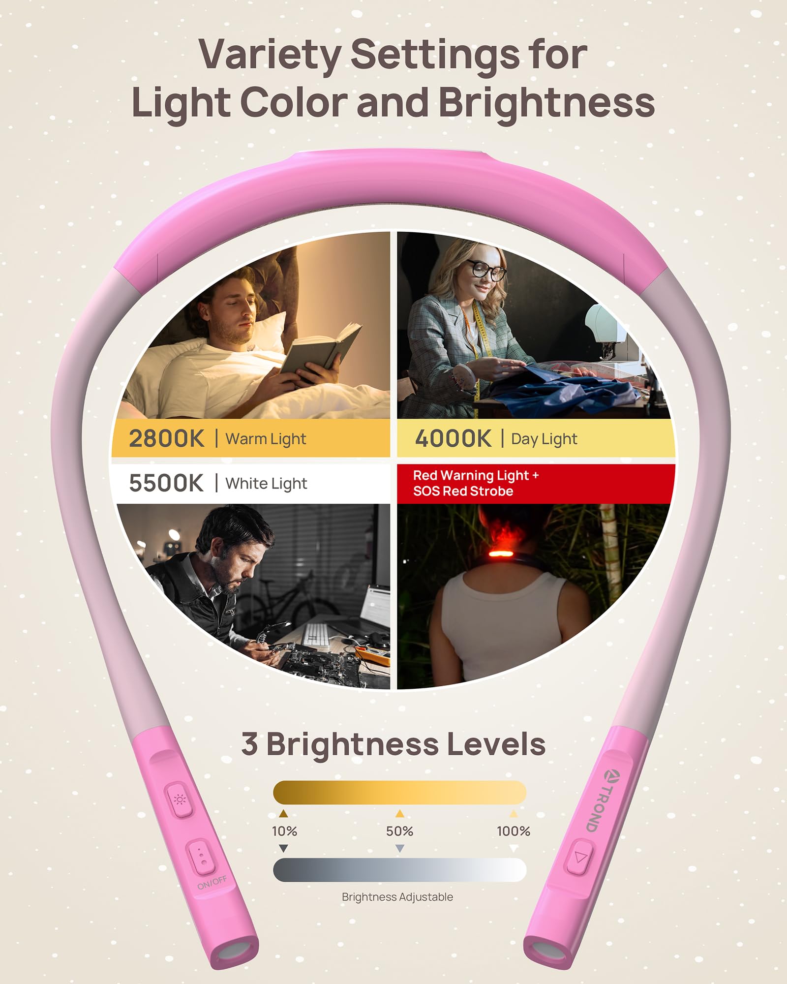 TROND LED Neck Reading Light, 3 Color Modes, 3 Brightness Levels, Rechargeable, Medium, Rose Pink, Model TD-RL01