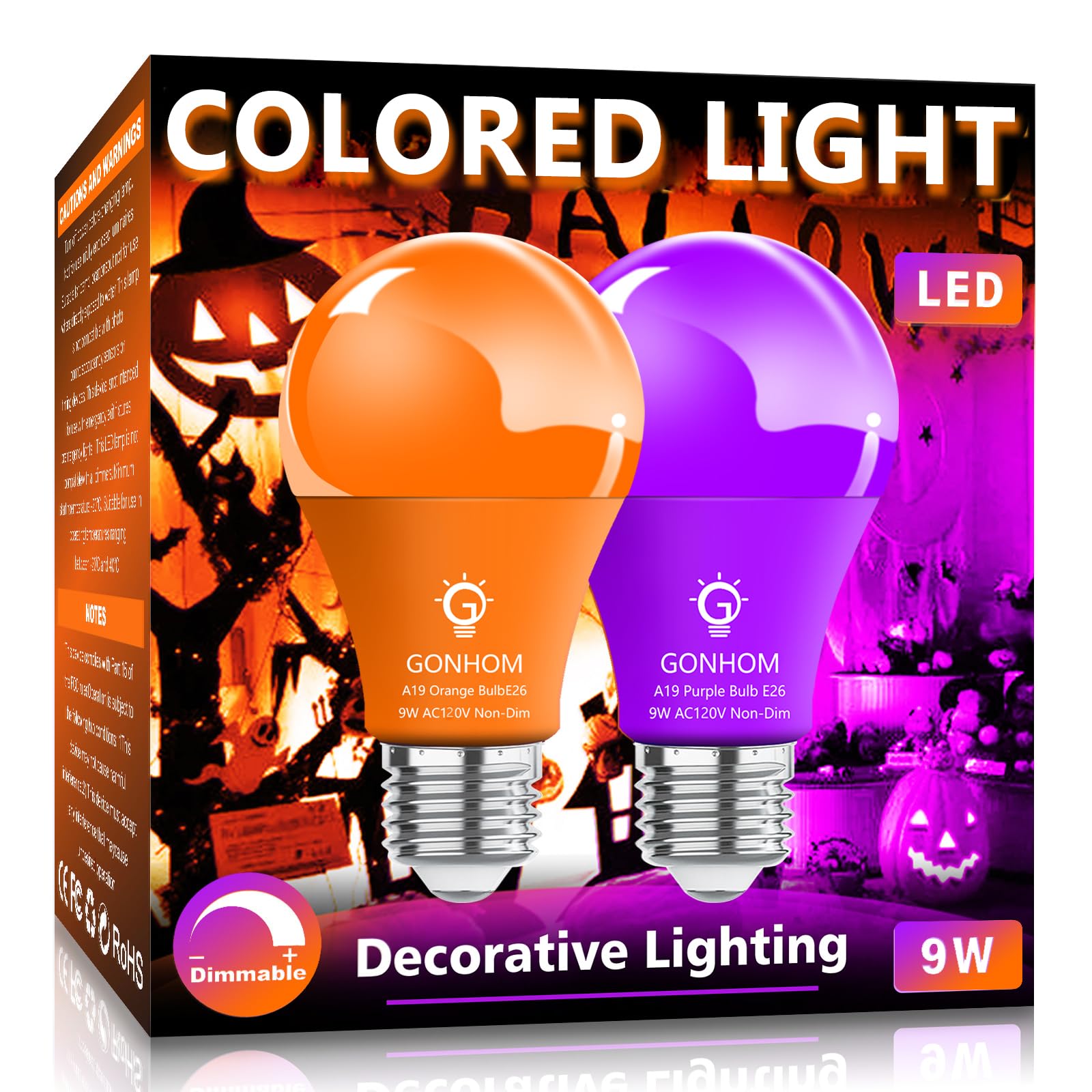 Gonhom 2 Pack A19 Led Orange Purple Light Bulb 9 Watt Purple Lights Equivalent 100 Watt Colored Light Bulbs E26 Base For Party Decoration  Holiday Lighting Halloween Light Bulbs