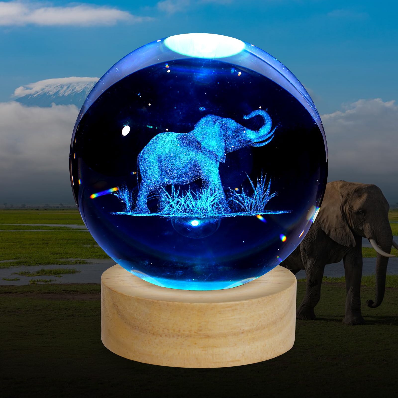 ZXBLAQ 3D Elephant Crystal Ball Night Light, Upgraded 3.15 Inch Glass Ball Lamp with 16 Color LED Wooden Base, Elephant Lamp Dec