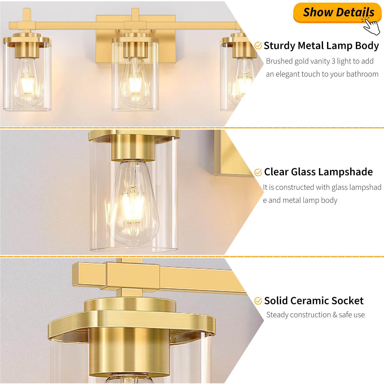 Spiglamm 3-Lights Bathroom Vanity Light Fixture, Brushed Gold Metal Wall Mount with Glass Shades, Model BG-Wall-3 Light