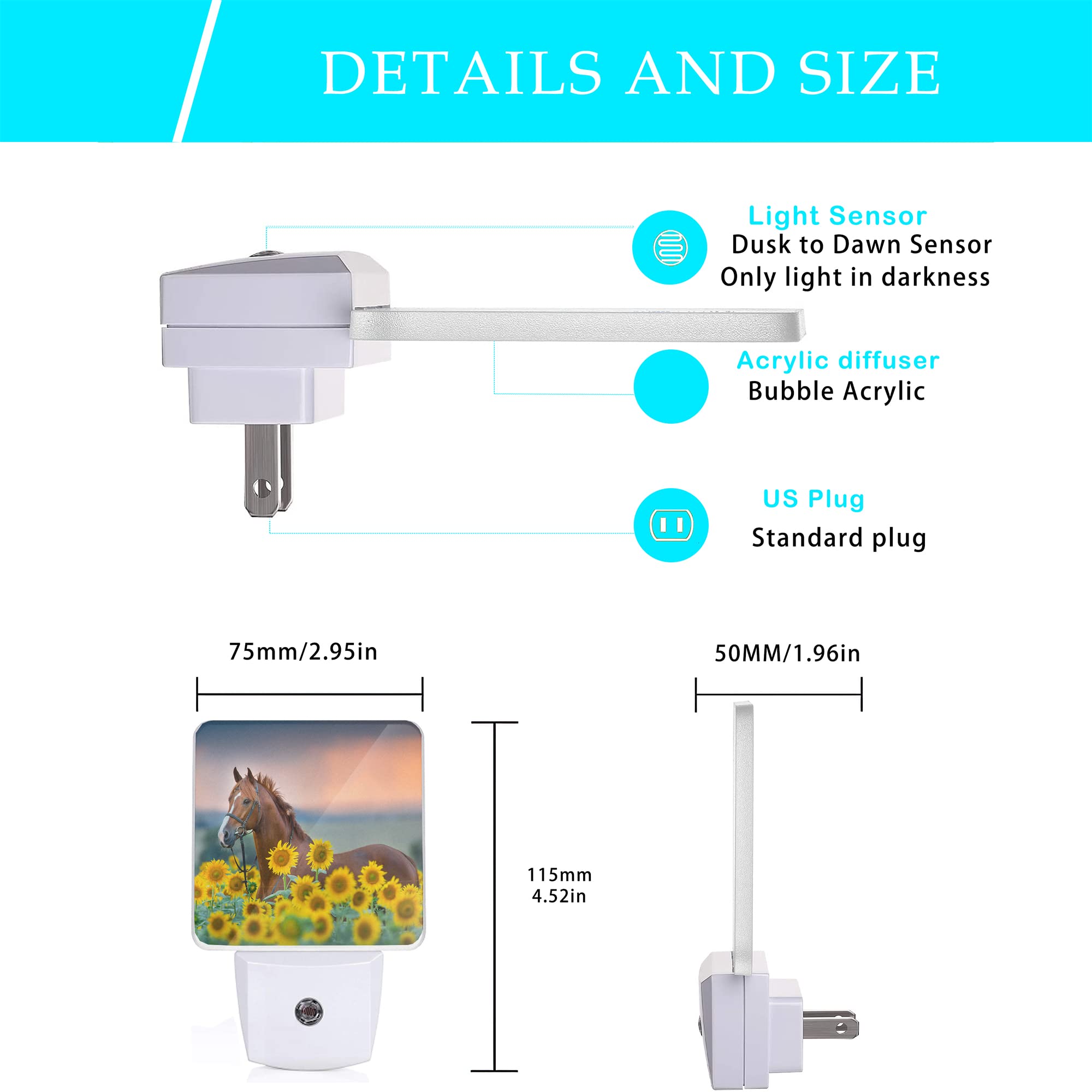 Oeaskly Night Light, Plug-in Dusk-to-Dawn Sensor, Sunflower Horse Design, 0.5W for Bedroom, Bathroom, Living Room, Model SBD04