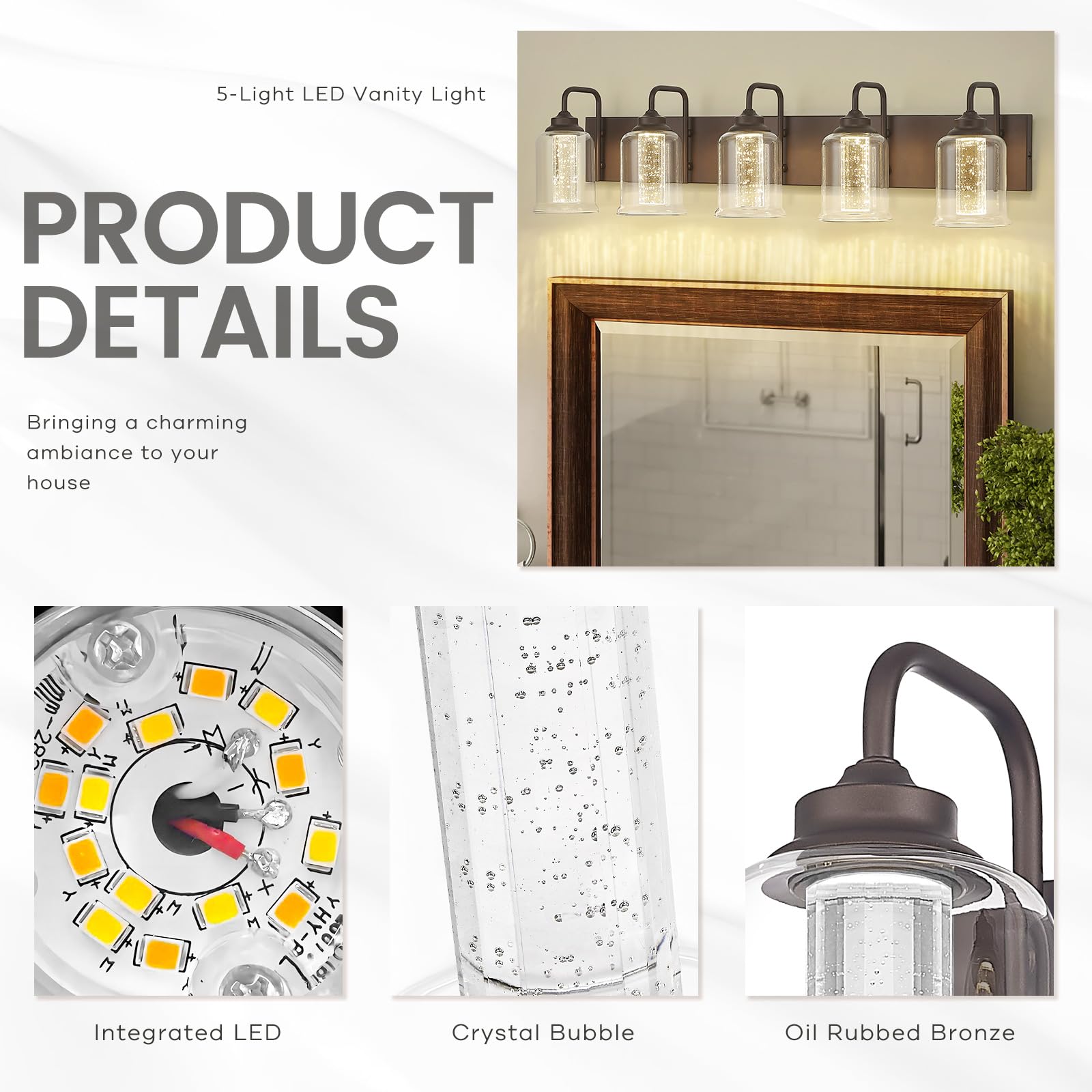 zeyu 25W LED Bathroom Vanity Lights, 5-Light Fixtures, Oil Rubbed Bronze, Crystal Bubble, Model ZSL72B-5W ORB-1